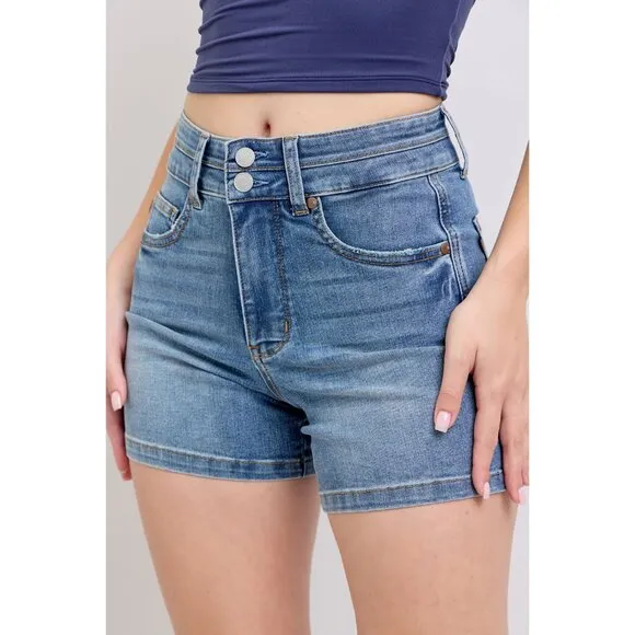 NWT Judy Blue Double Button Tummy Control High Rise Denim Shorts, Stretchy Comfy