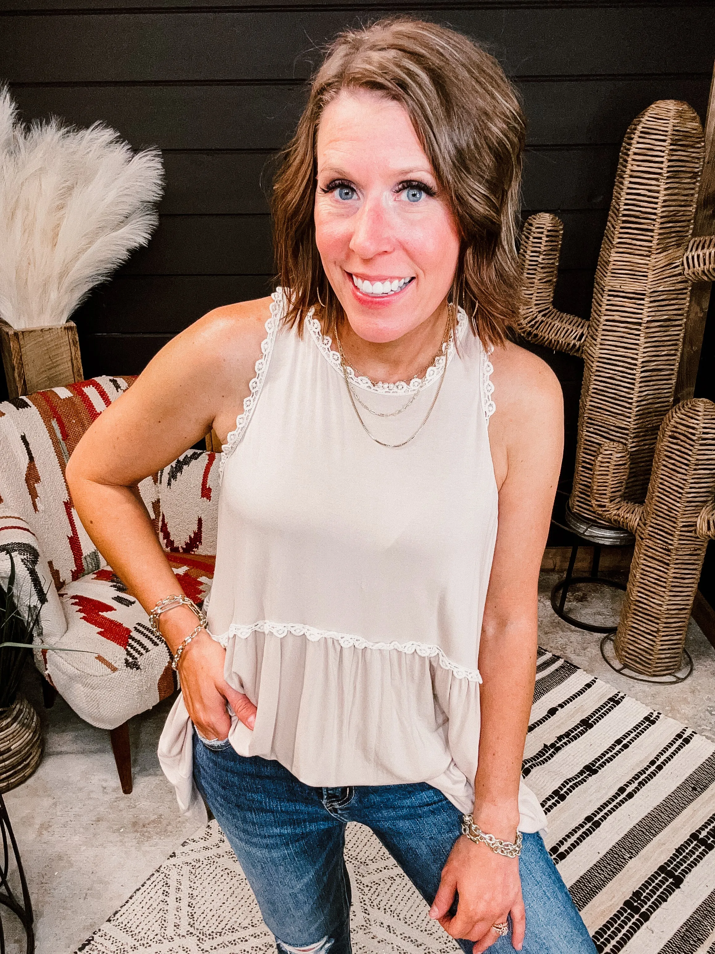 Oatmeal Crochet Detail w/ Back Zipper Tank