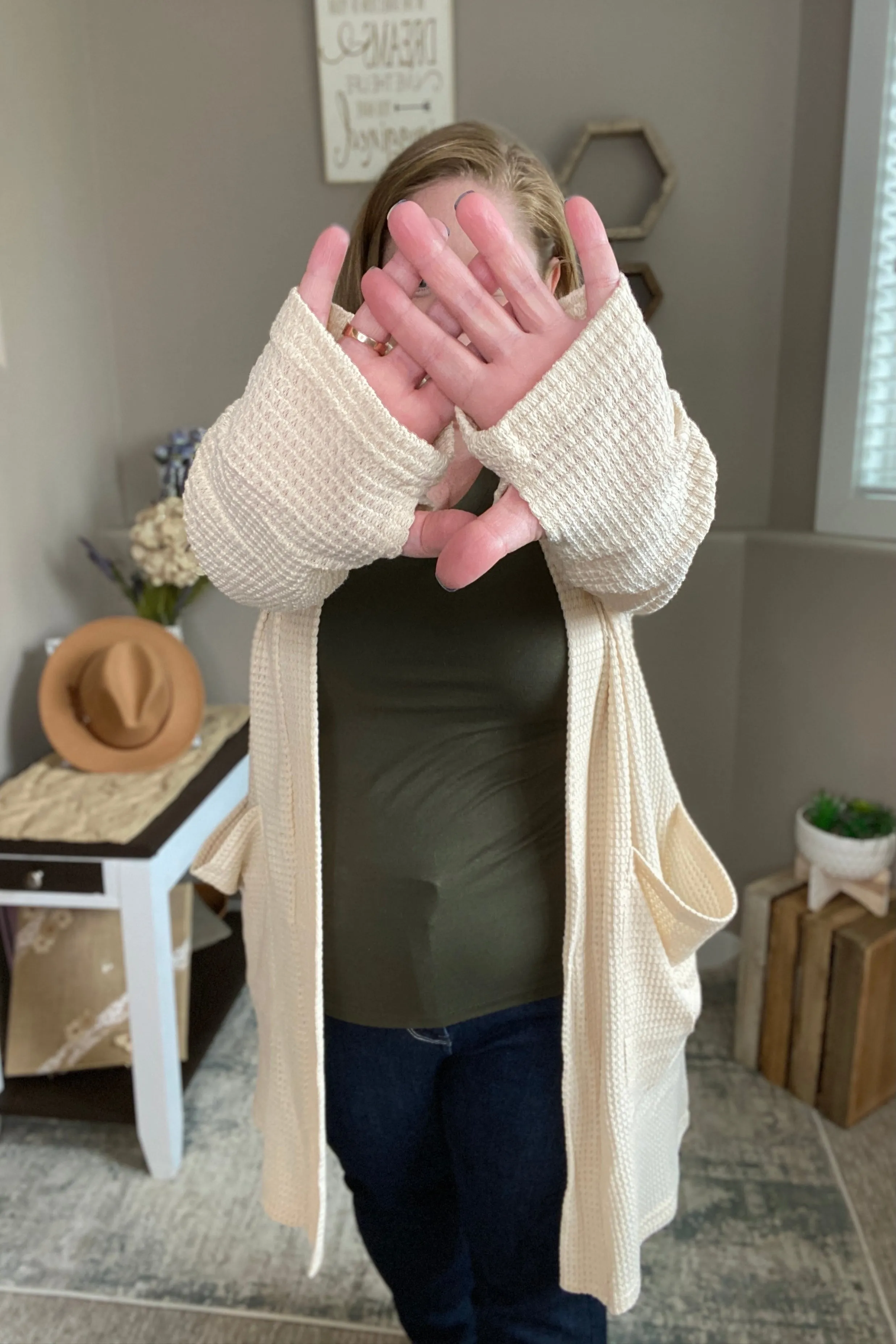 Oatmeal Waffle Knit Thumbhole Cardigan