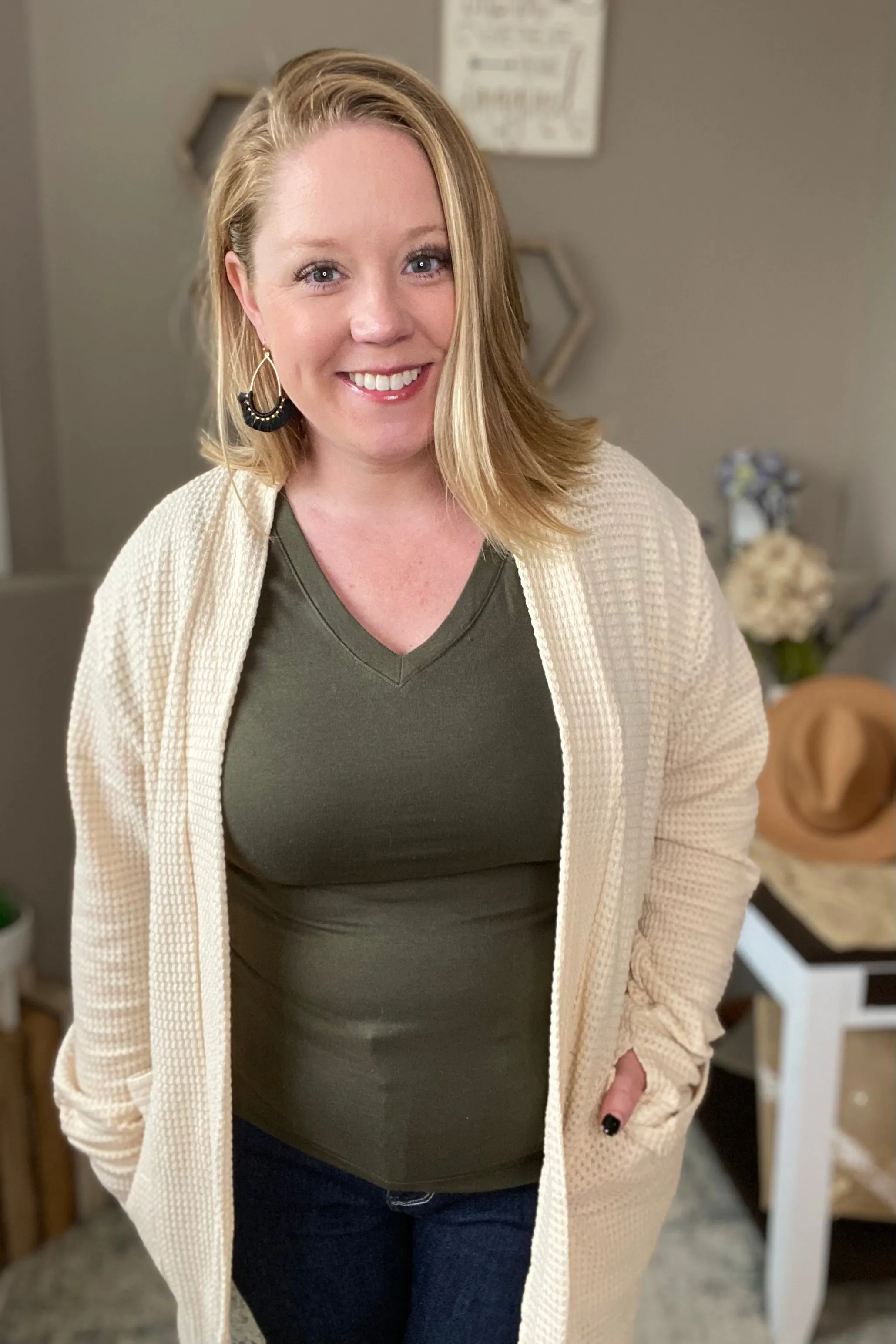 Oatmeal Waffle Knit Thumbhole Cardigan