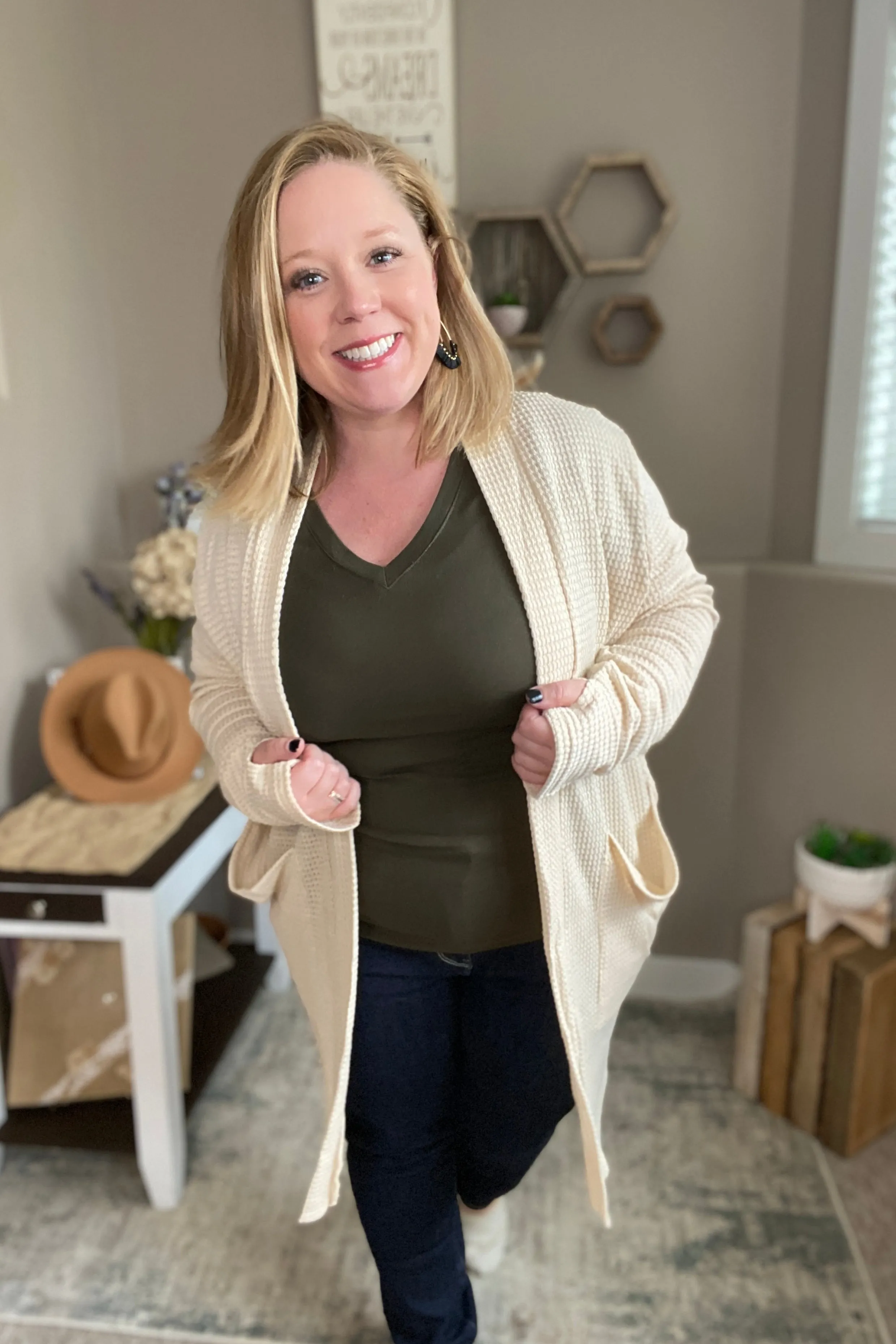 Oatmeal Waffle Knit Thumbhole Cardigan