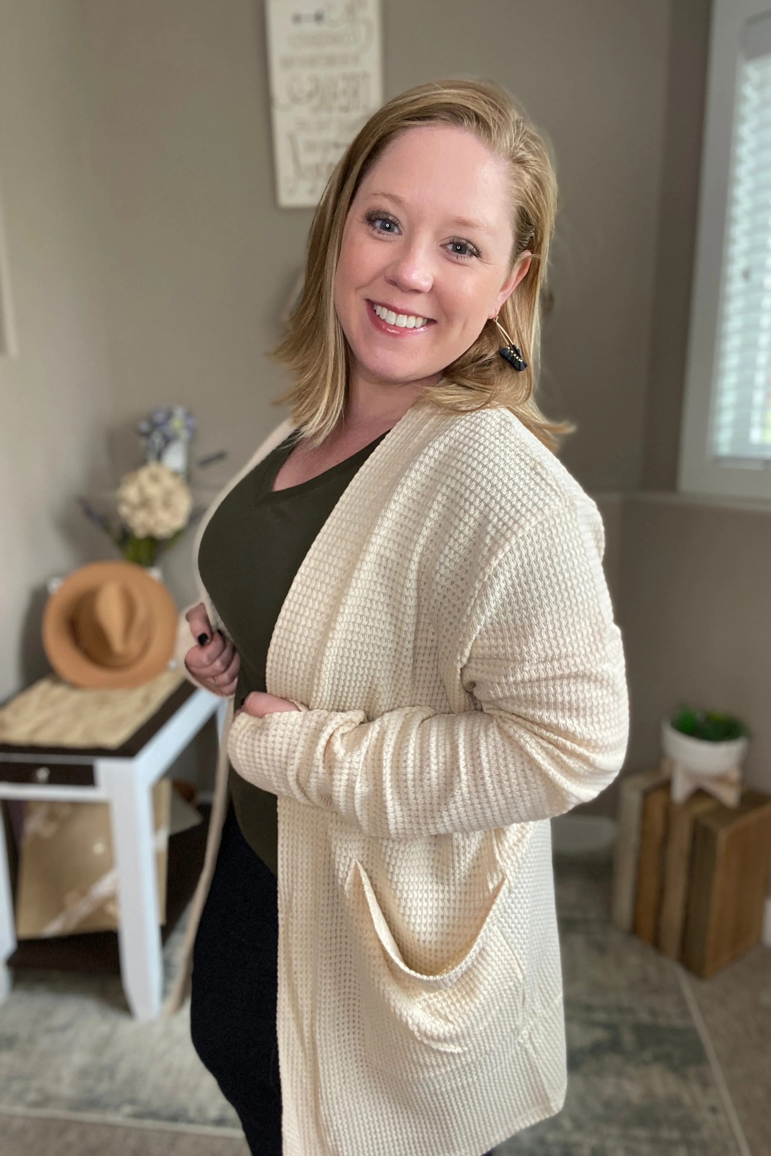Oatmeal Waffle Knit Thumbhole Cardigan