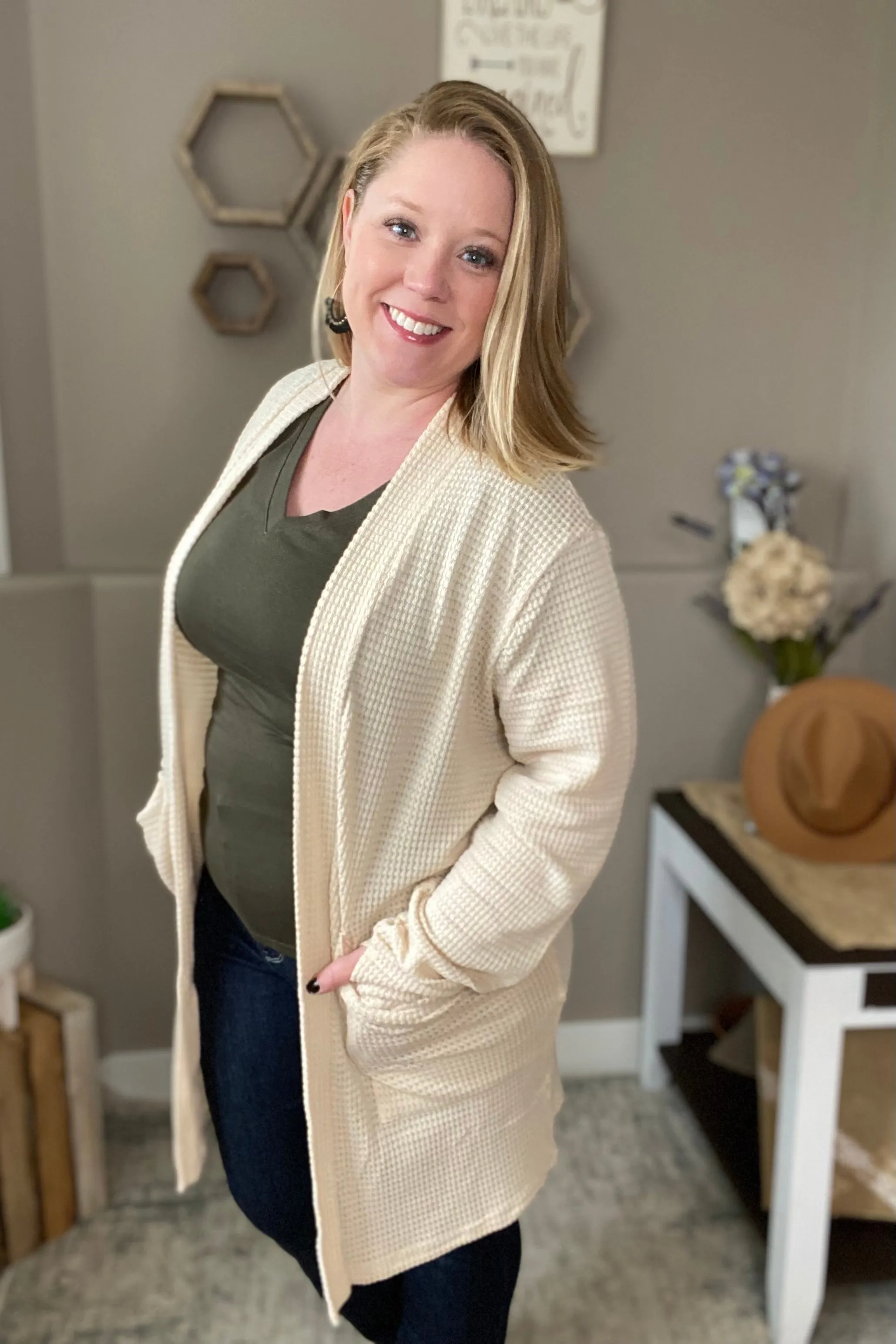 Oatmeal Waffle Knit Thumbhole Cardigan