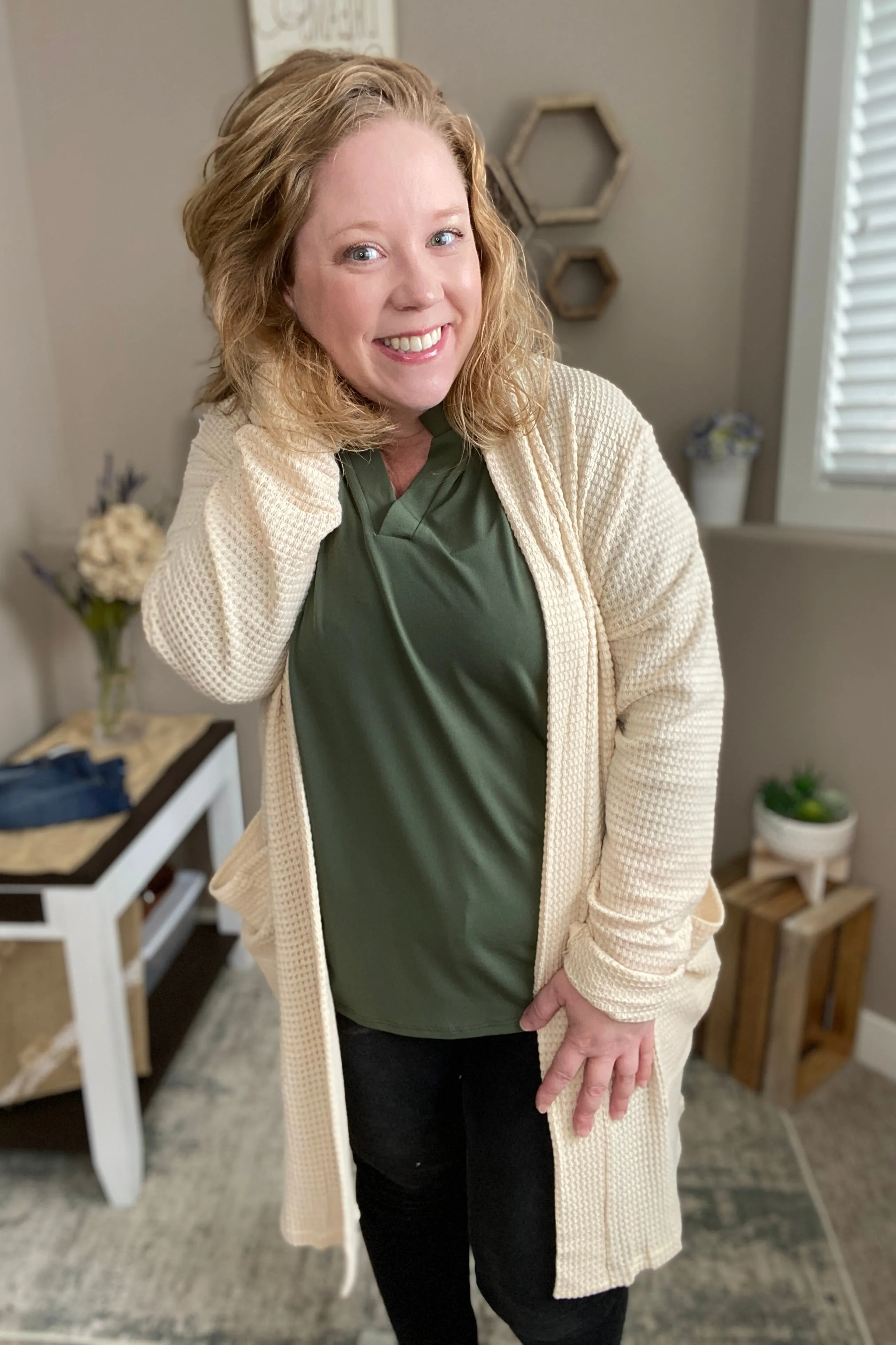 Oatmeal Waffle Knit Thumbhole Cardigan