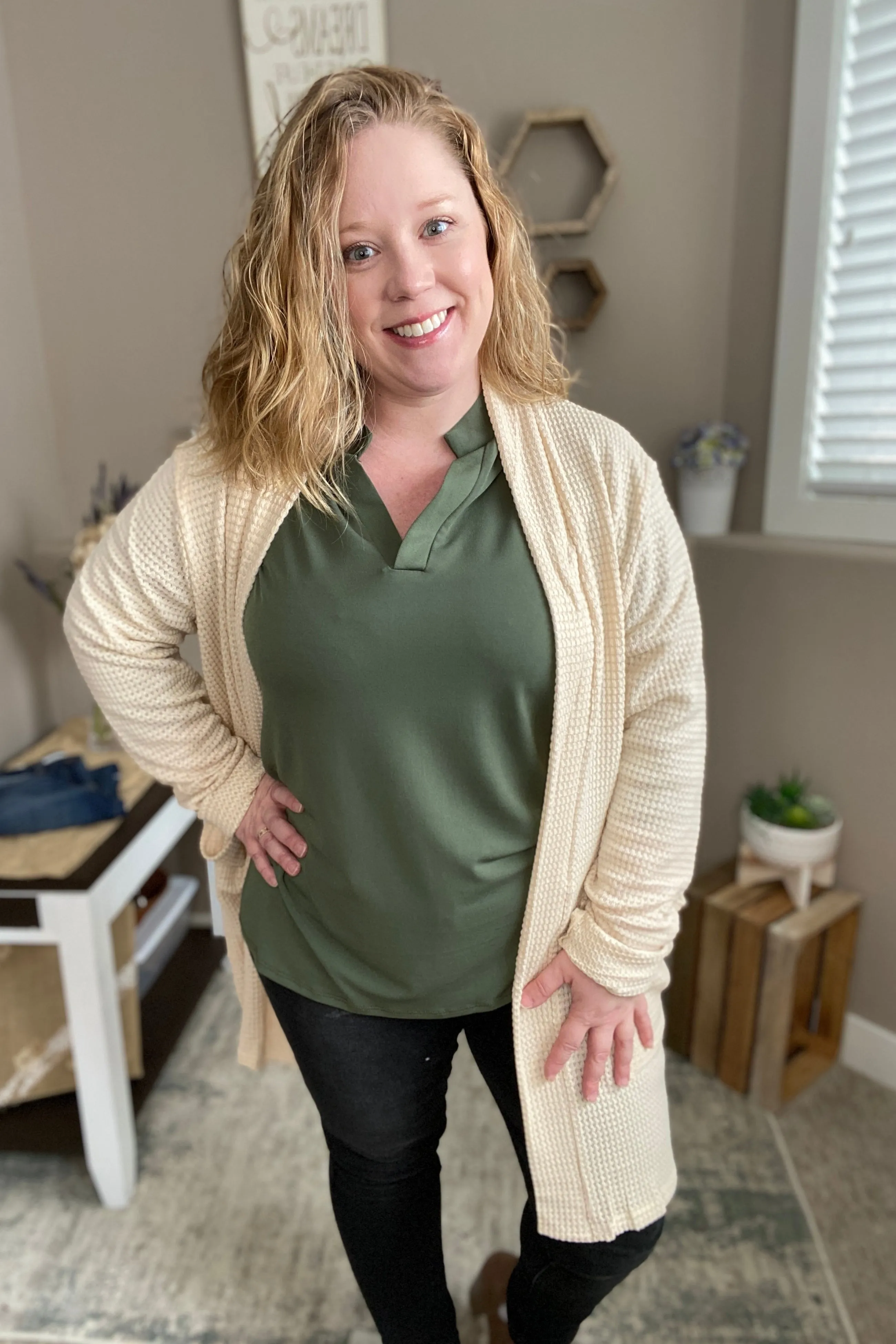 Oatmeal Waffle Knit Thumbhole Cardigan