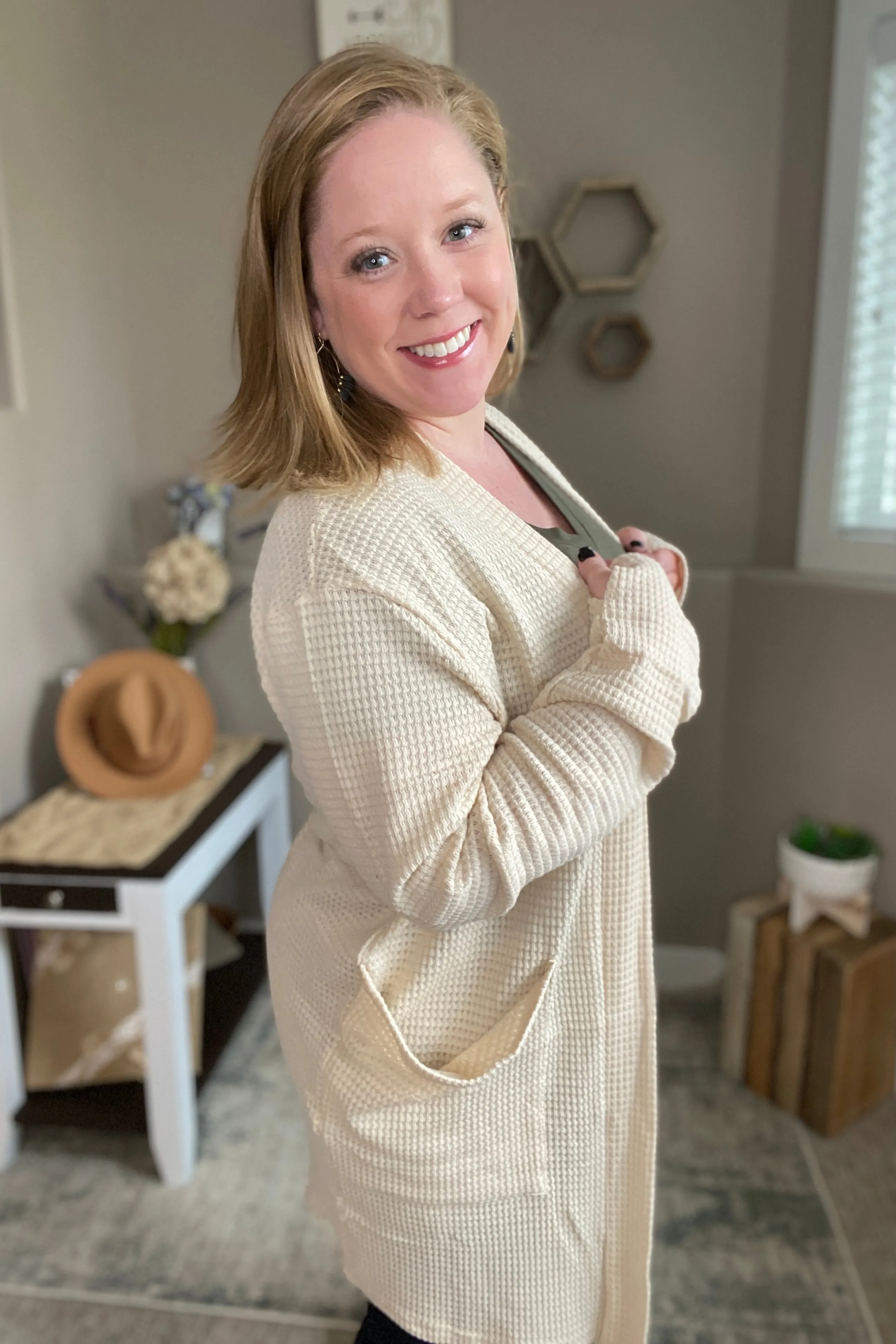 Oatmeal Waffle Knit Thumbhole Cardigan