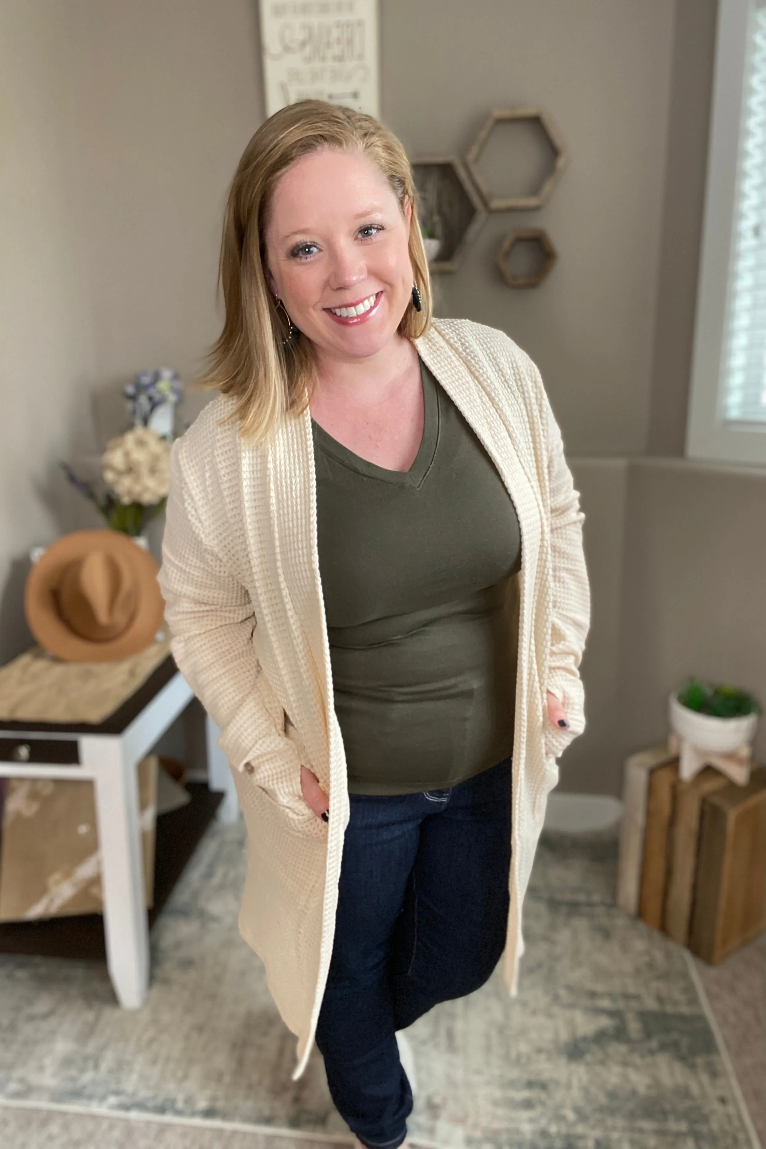 Oatmeal Waffle Knit Thumbhole Cardigan