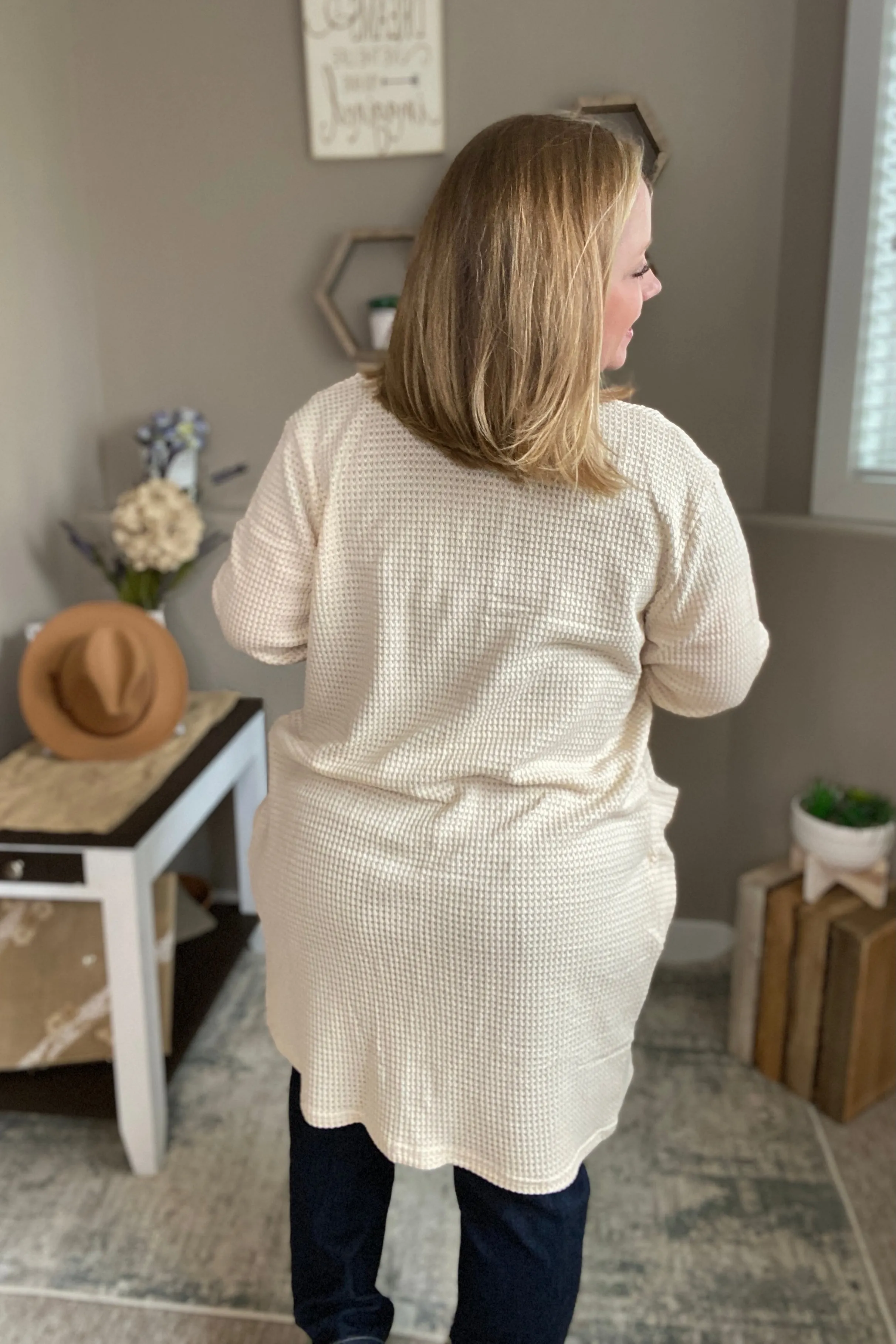 Oatmeal Waffle Knit Thumbhole Cardigan