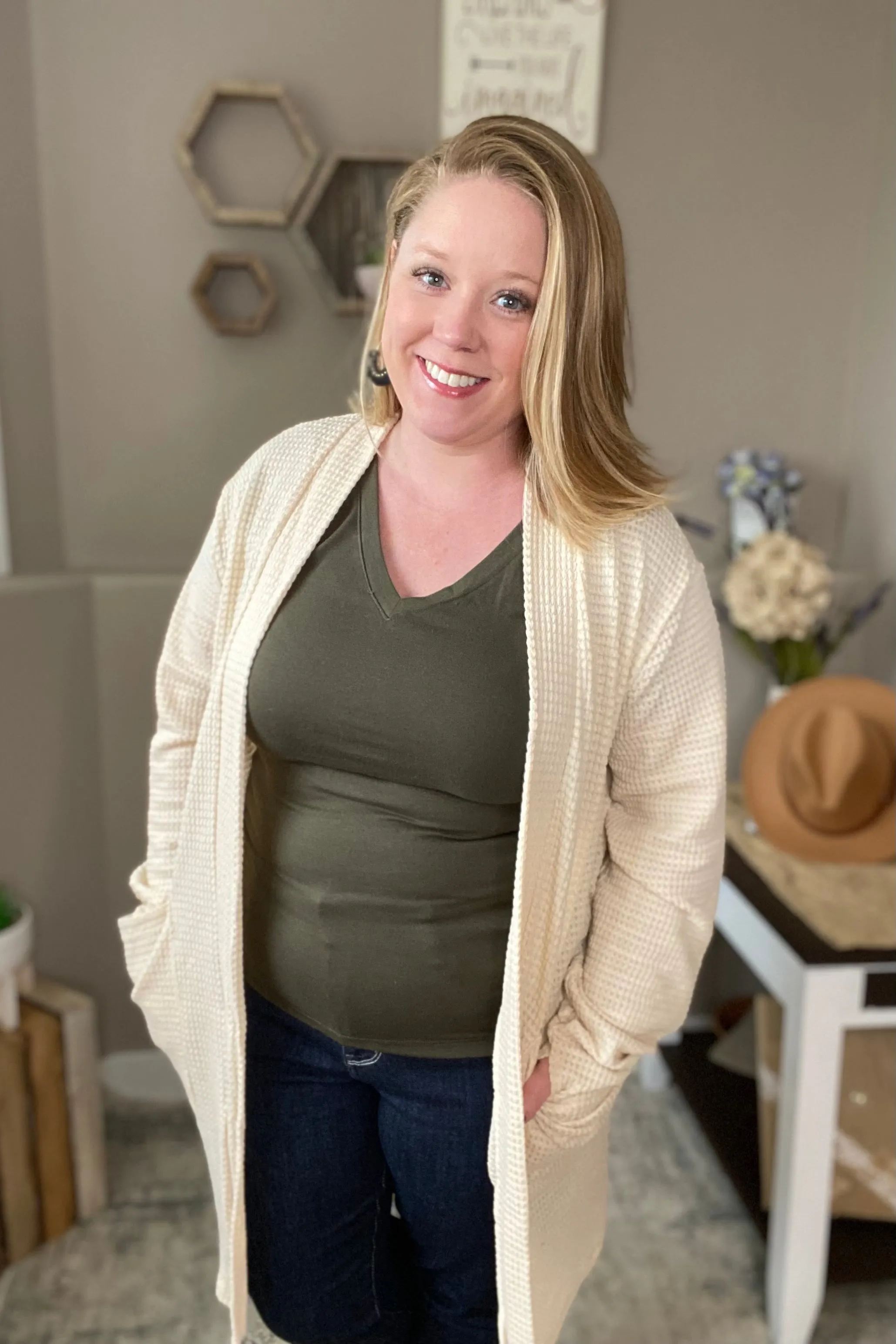 Oatmeal Waffle Knit Thumbhole Cardigan