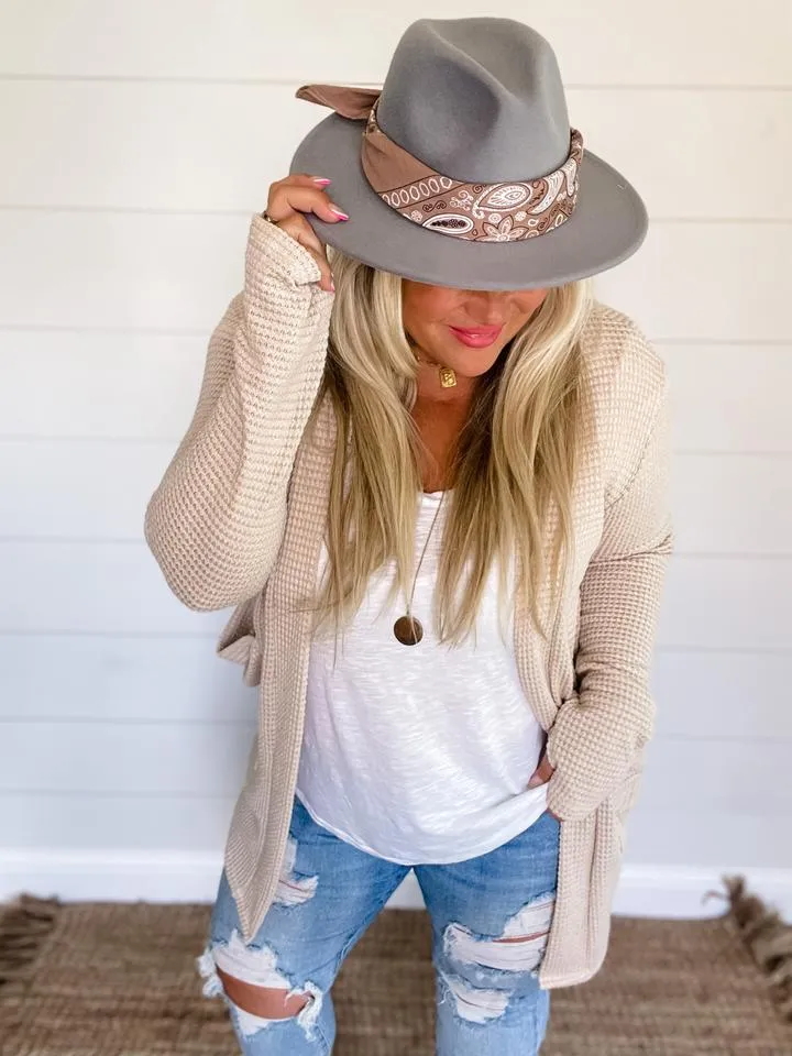 Oatmeal Waffle Knit Thumbhole Cardigan
