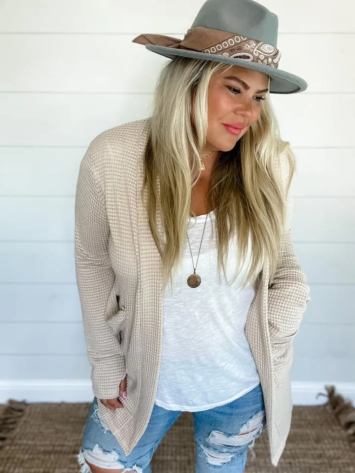 Oatmeal Waffle Knit Thumbhole Cardigan