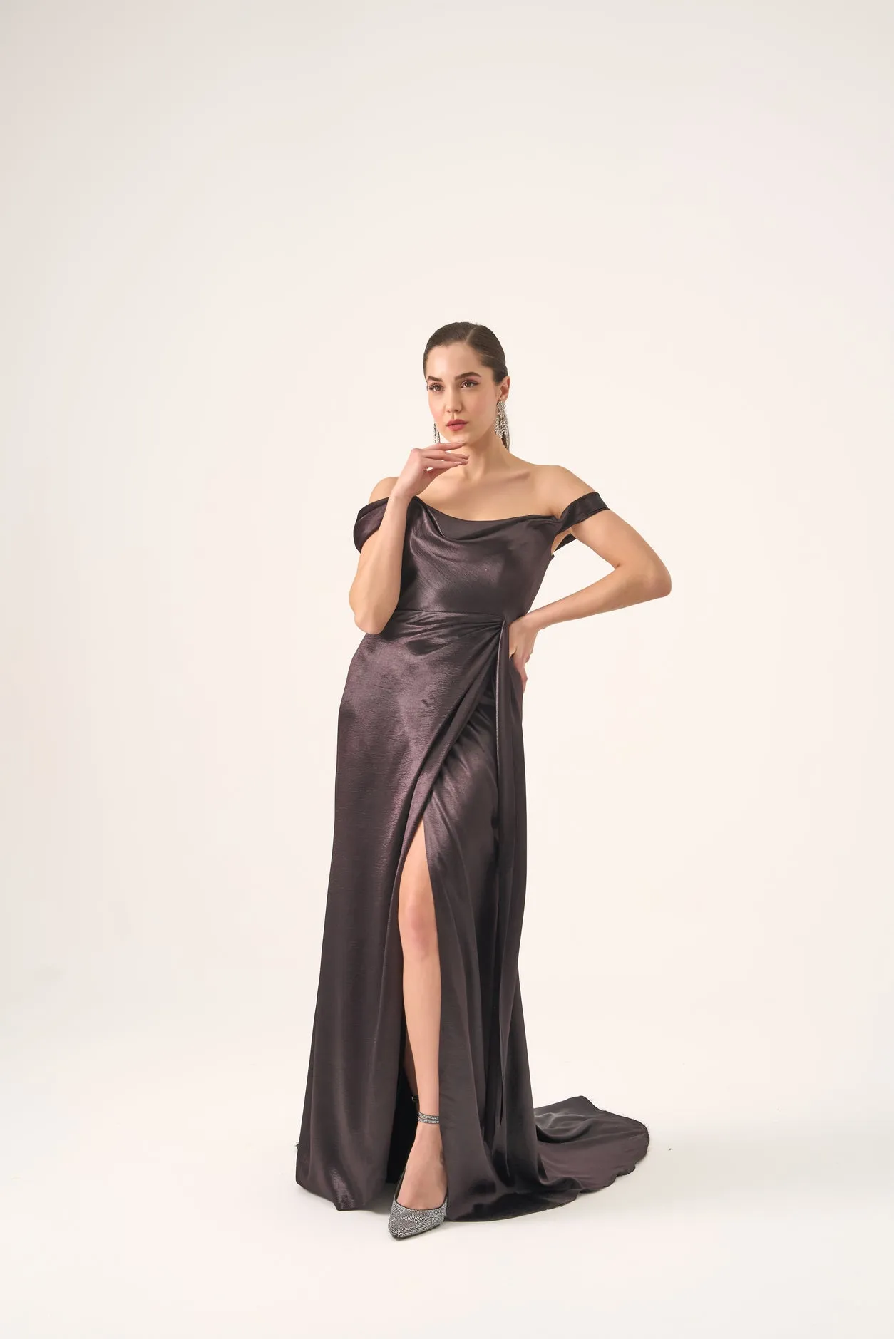 Off the shoulder satin gown with slit