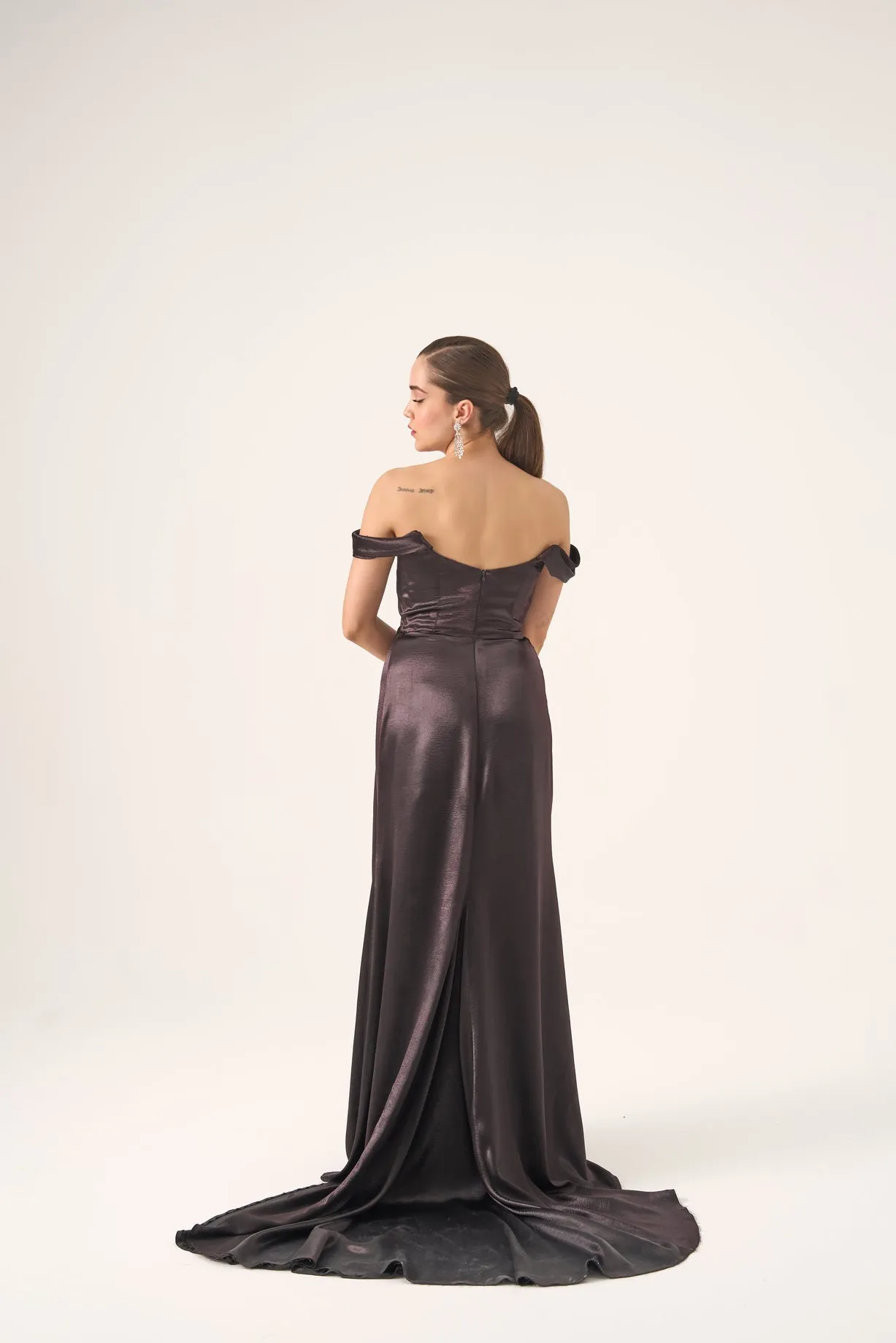 Off the shoulder satin gown with slit