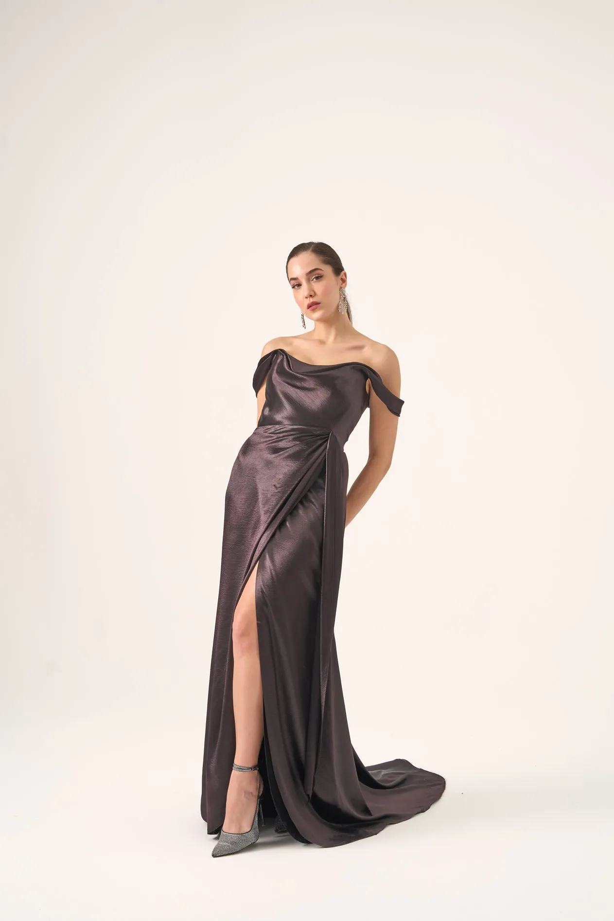 Off the shoulder satin gown with slit