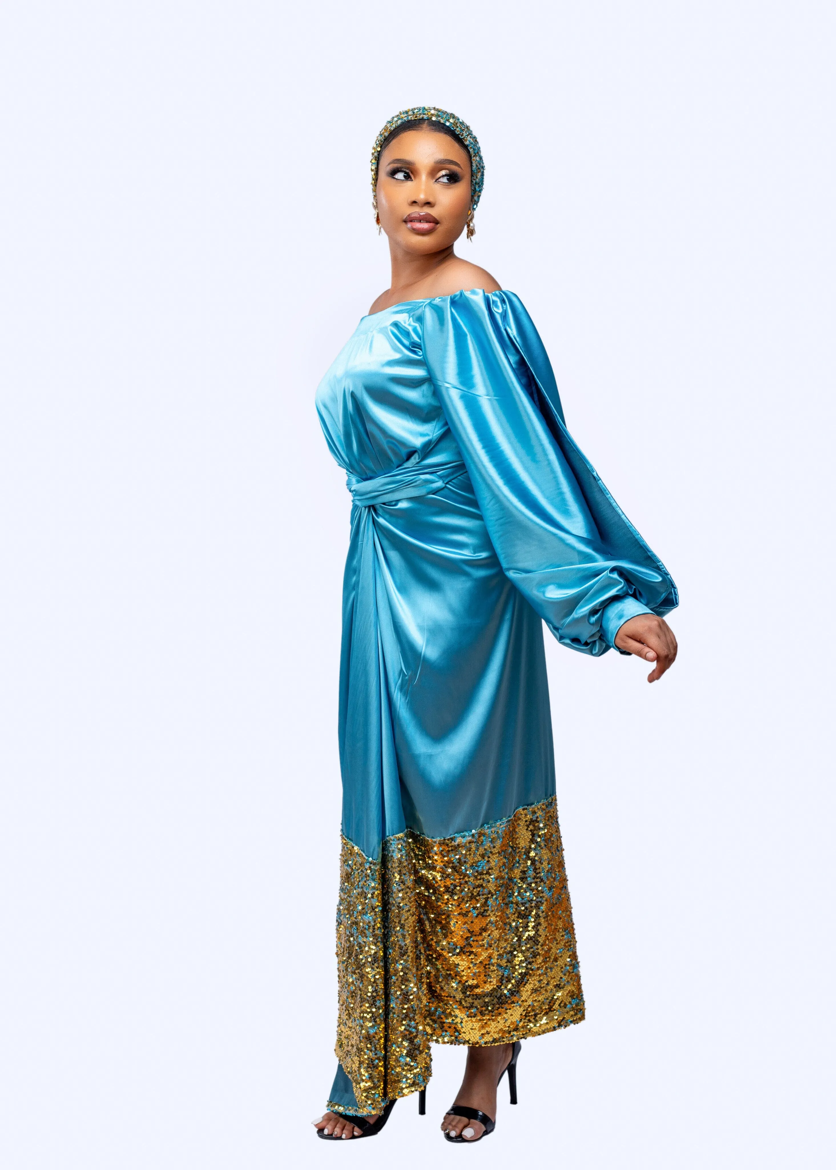 Ogaraya silk off shoulder wrap long dress with sequin