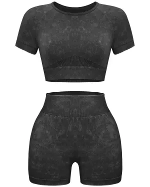 OLCHEE Womens Workout Sets 2 Piece - Seamless Acid Wash Yoga Outfits Leggings Shorts and Crop Top Matching Gym Activewear Athletic Clothing Set - Black Medium