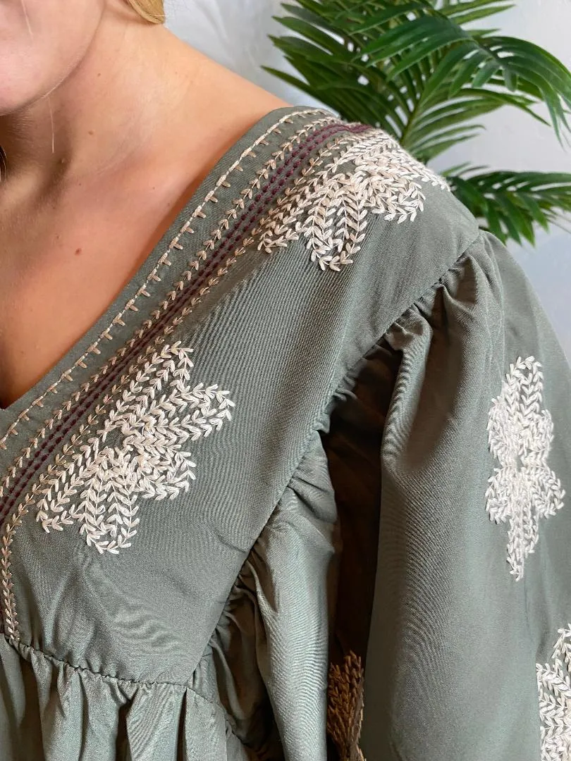 Olive Embroidered V-Neck Dress