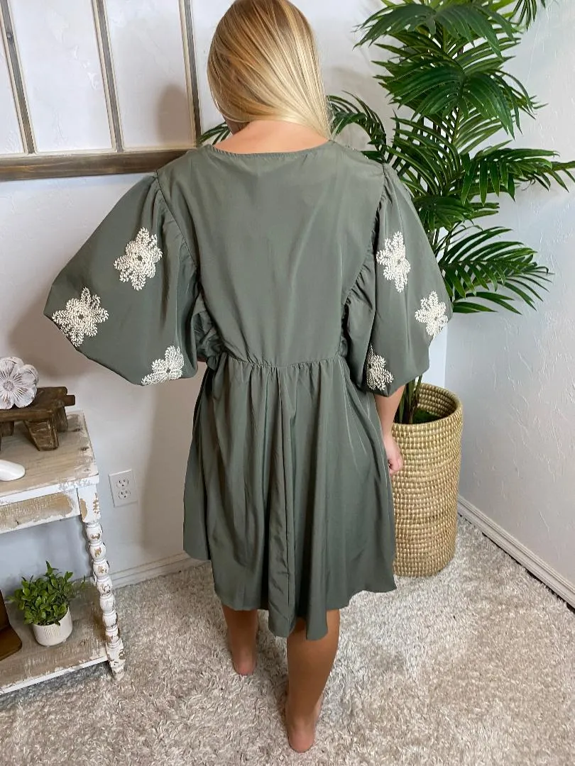 Olive Embroidered V-Neck Dress