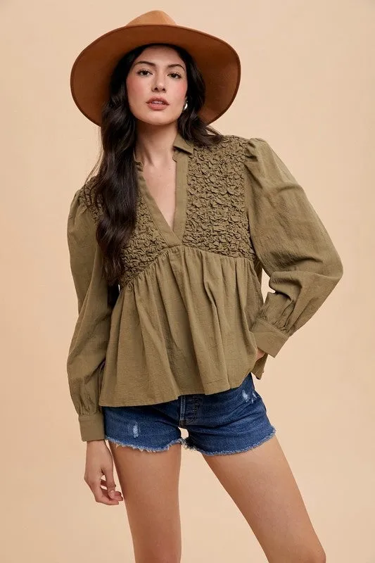 Olive Green Smocked Front Long Sleeve Babydoll Blouse