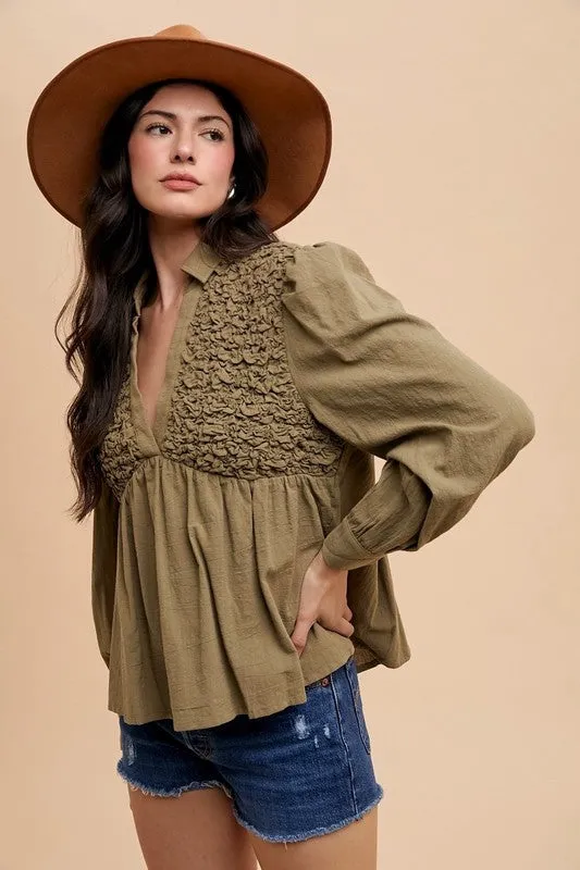 Olive Green Smocked Front Long Sleeve Babydoll Blouse