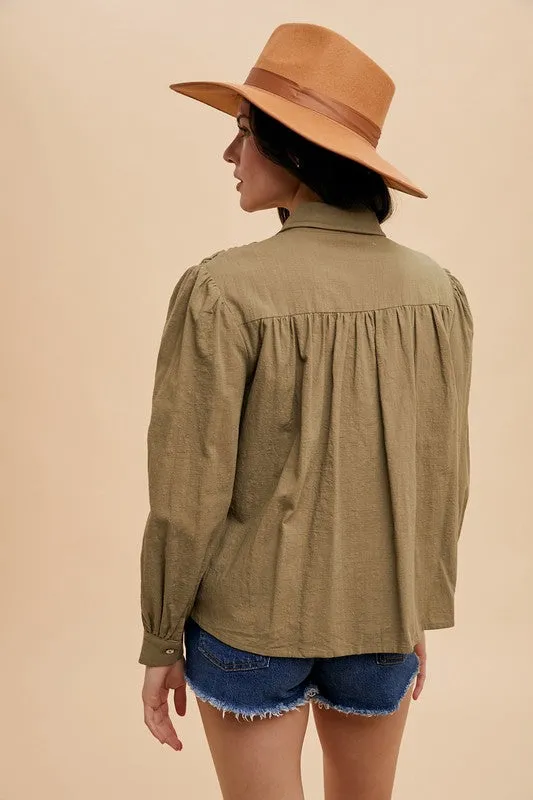 Olive Green Smocked Front Long Sleeve Babydoll Blouse