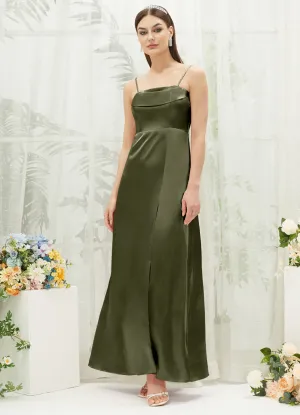Olive Satin Convertible Slit Floor Length  Bridesmaid Dresses