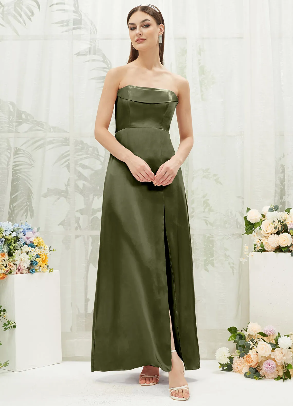 Olive Satin Convertible Slit Floor Length  Bridesmaid Dresses