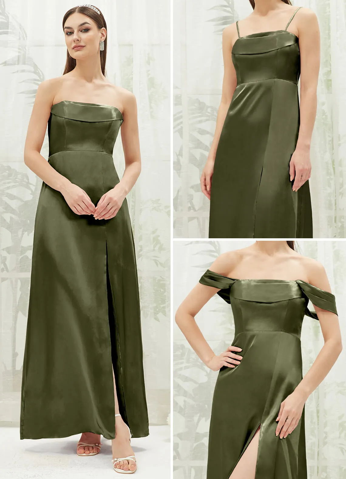 Olive Satin Convertible Slit Floor Length  Bridesmaid Dresses