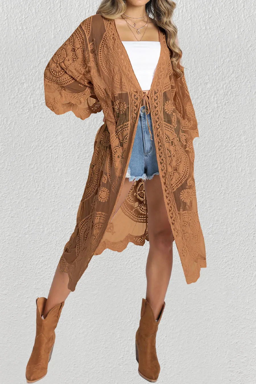 Open Front Mesh Beach Lace Duster Kimono