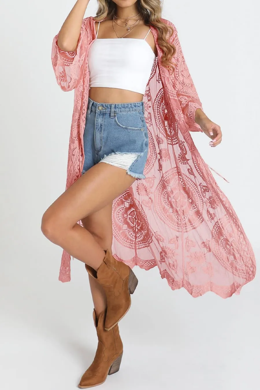 Open Front Mesh Beach Lace Duster Kimono