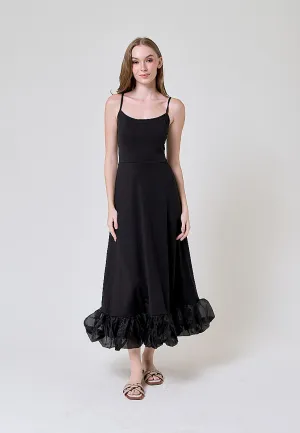 Oprah Black Bubble Ruffle Flowy A Line Midi Dress