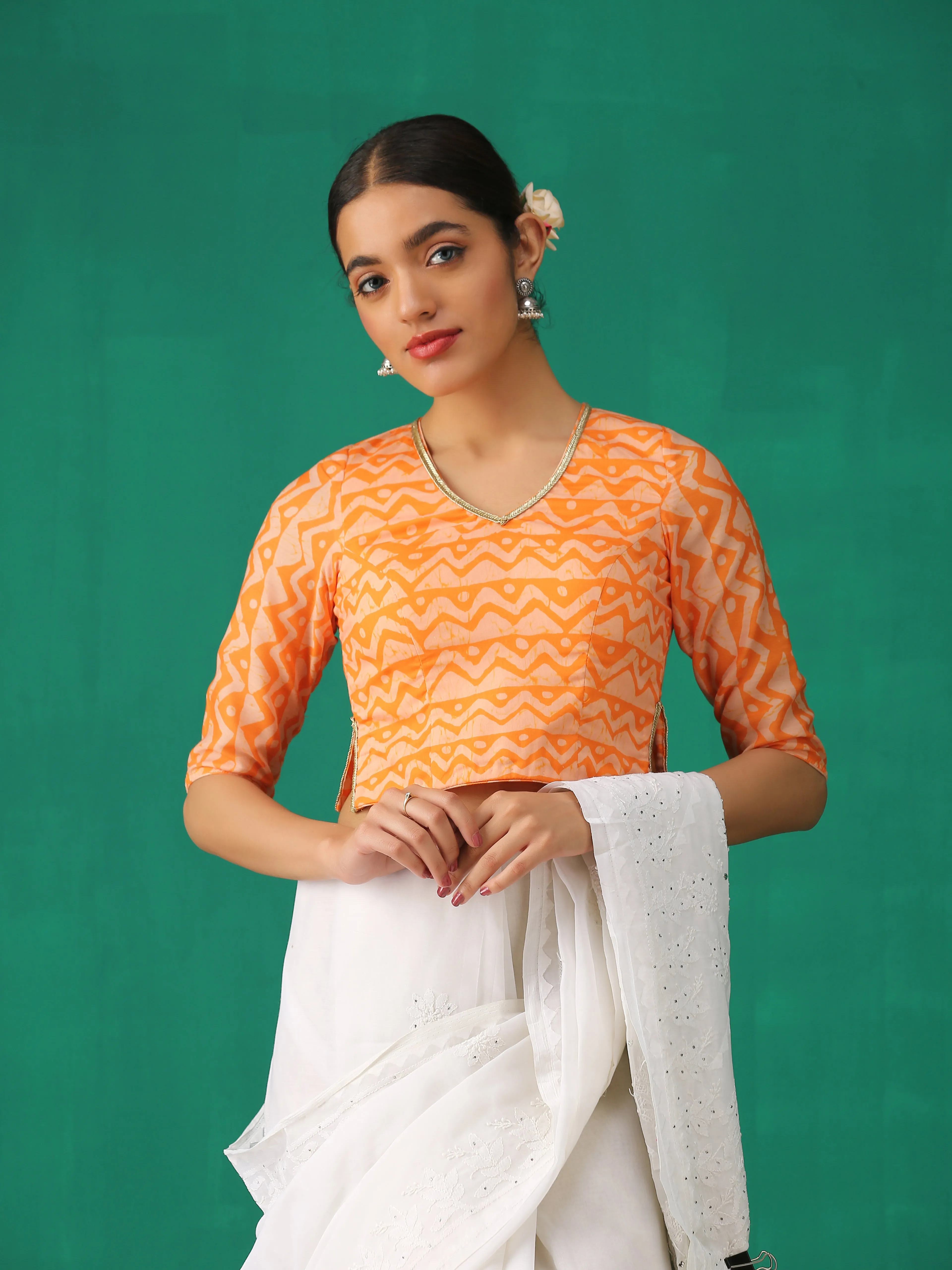 Orange Batik Print Choli Cutwork Blouse