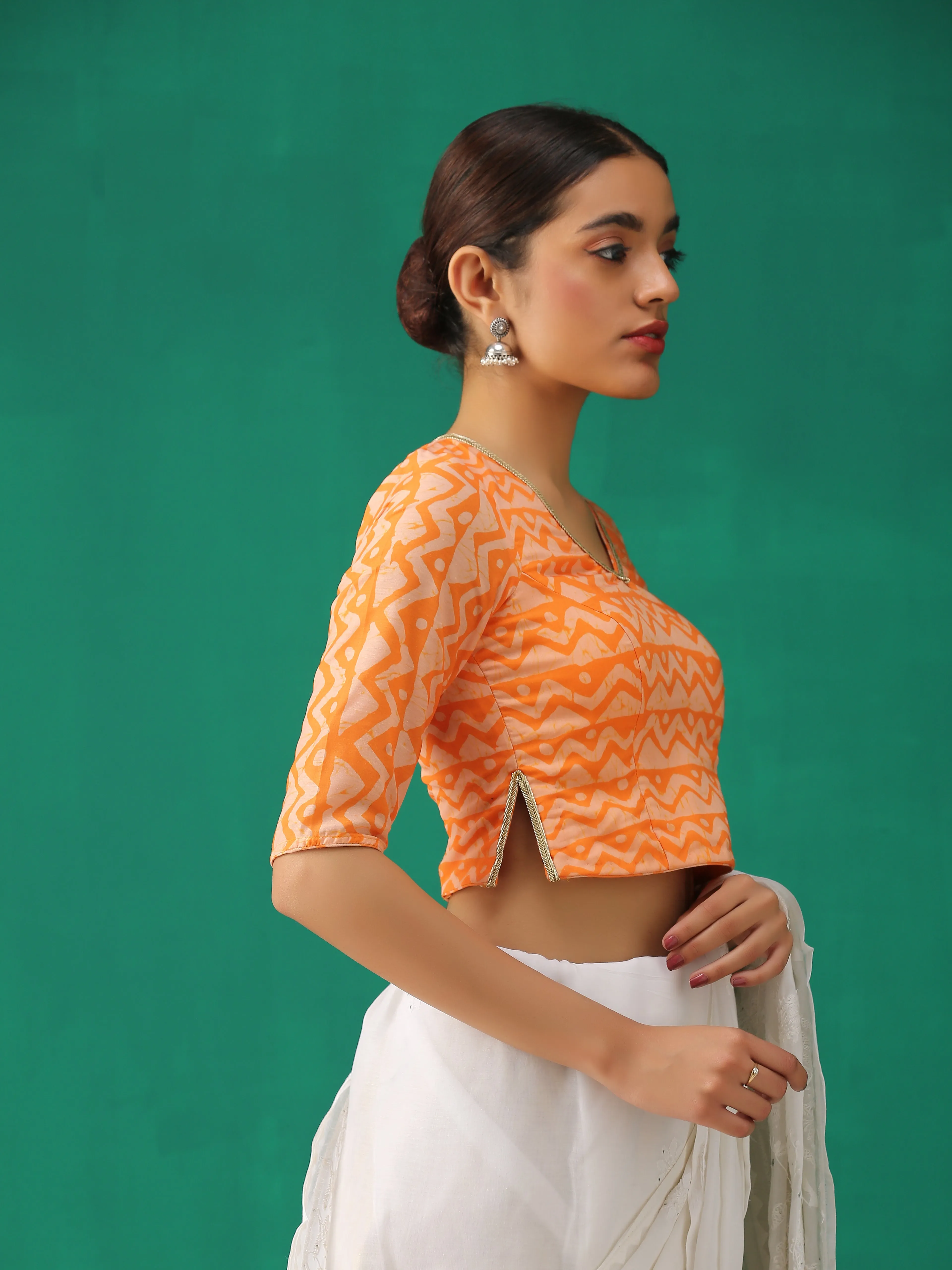 Orange Batik Print Choli Cutwork Blouse