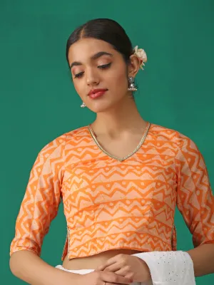 Orange Batik Print Choli Cutwork Blouse