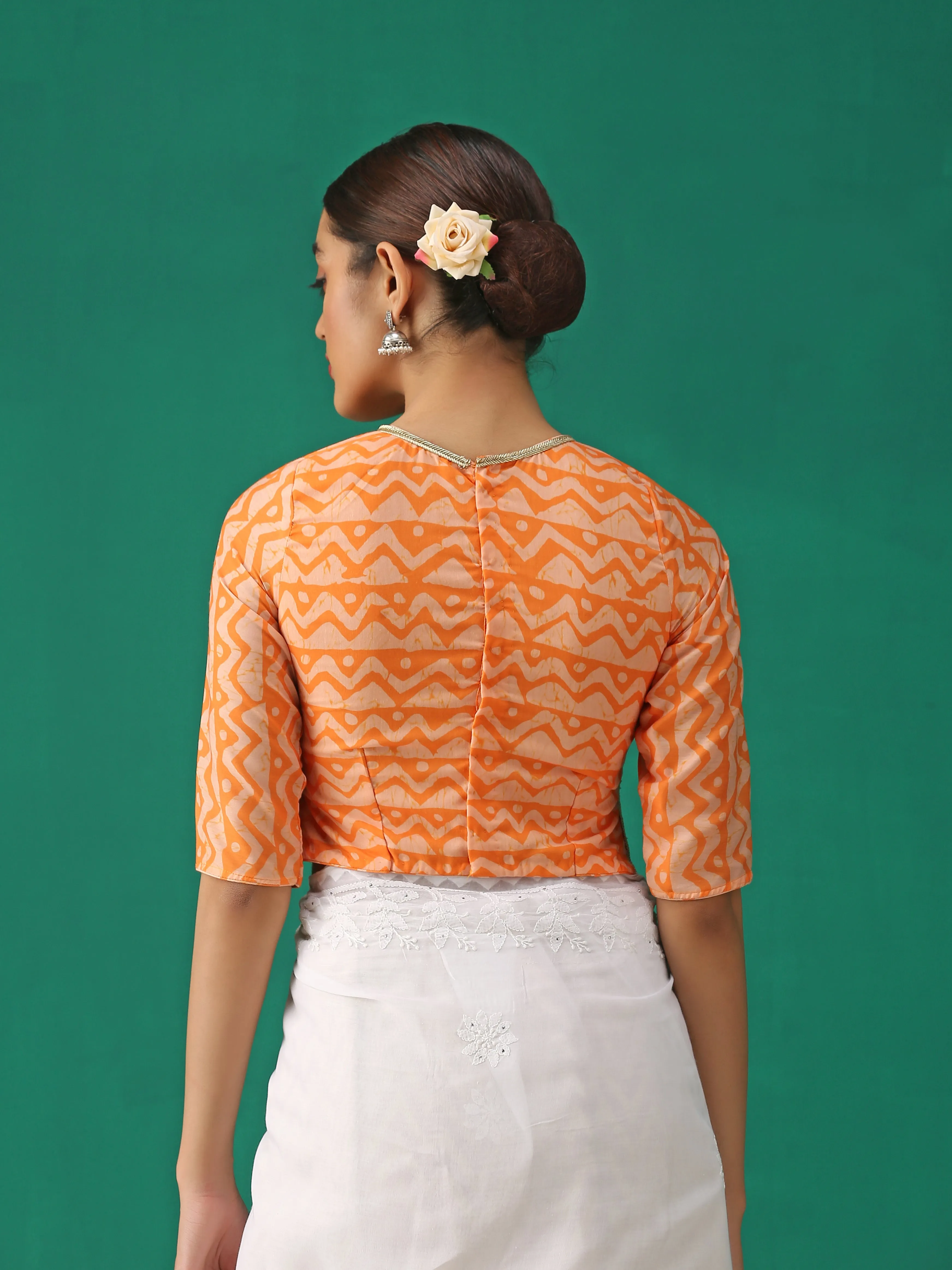 Orange Batik Print Choli Cutwork Blouse