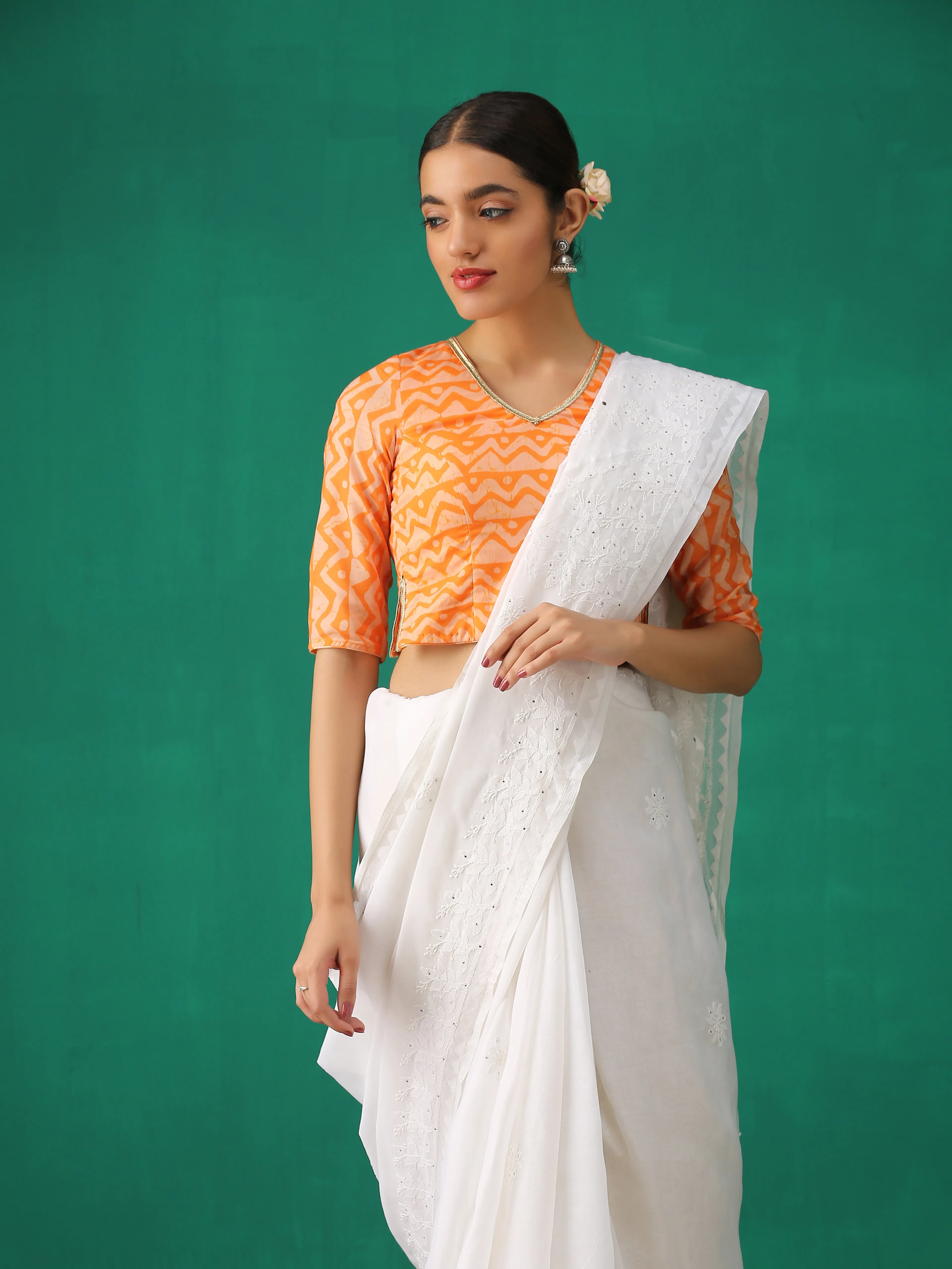Orange Batik Print Choli Cutwork Blouse