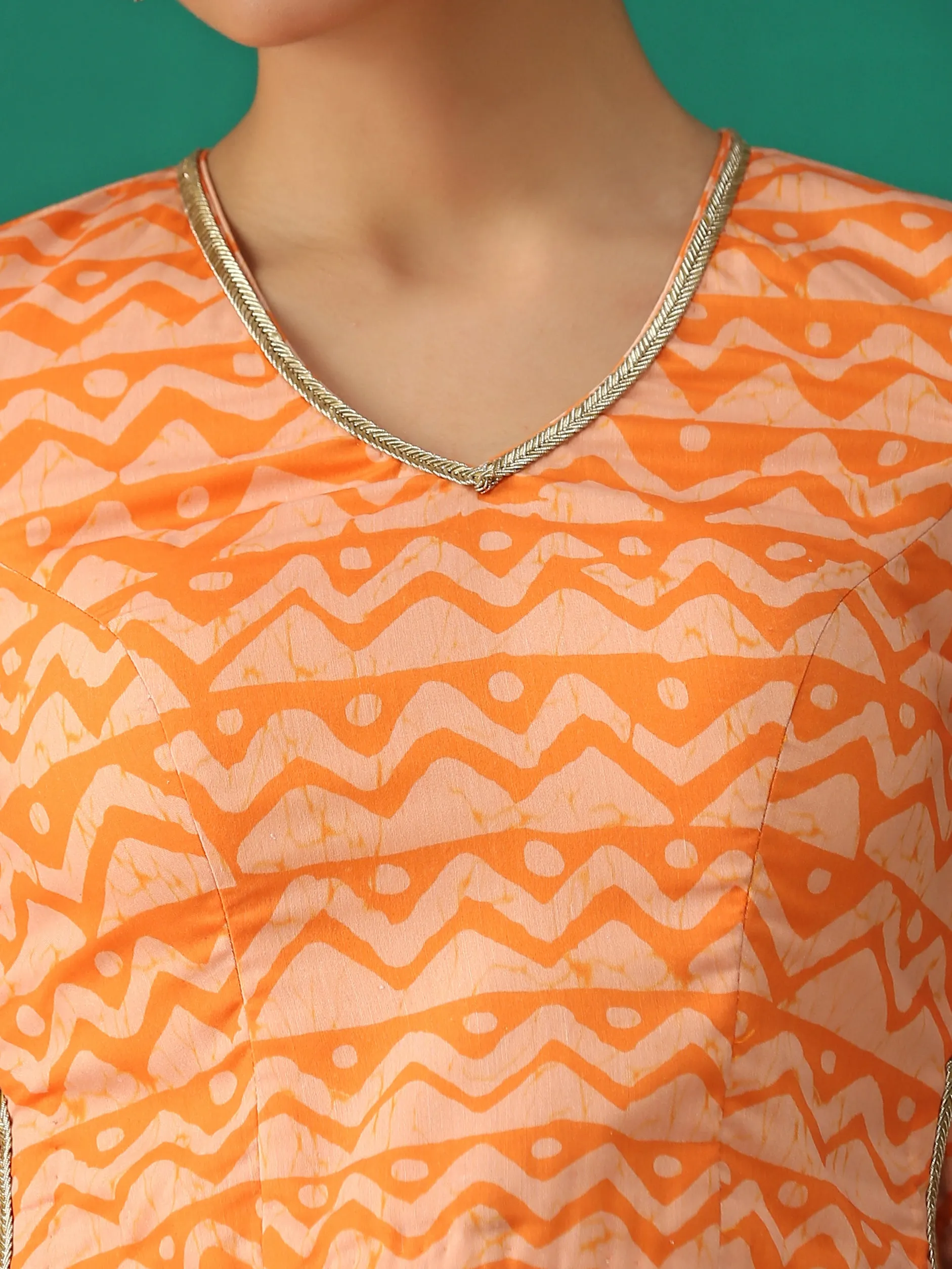 Orange Batik Print Choli Cutwork Blouse