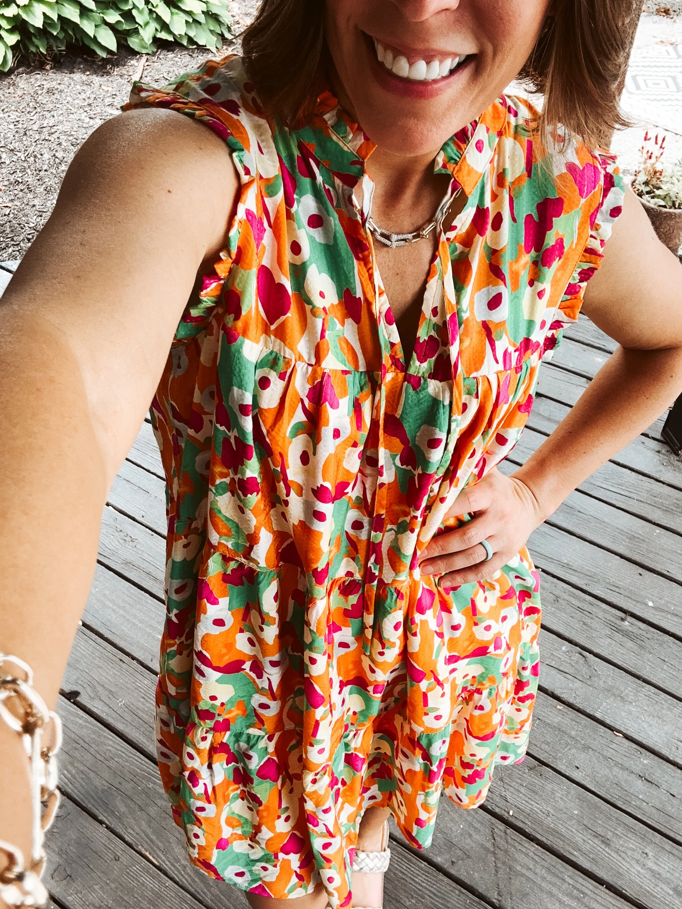 Orange   Green Floral Tiered Sleeveless Dress