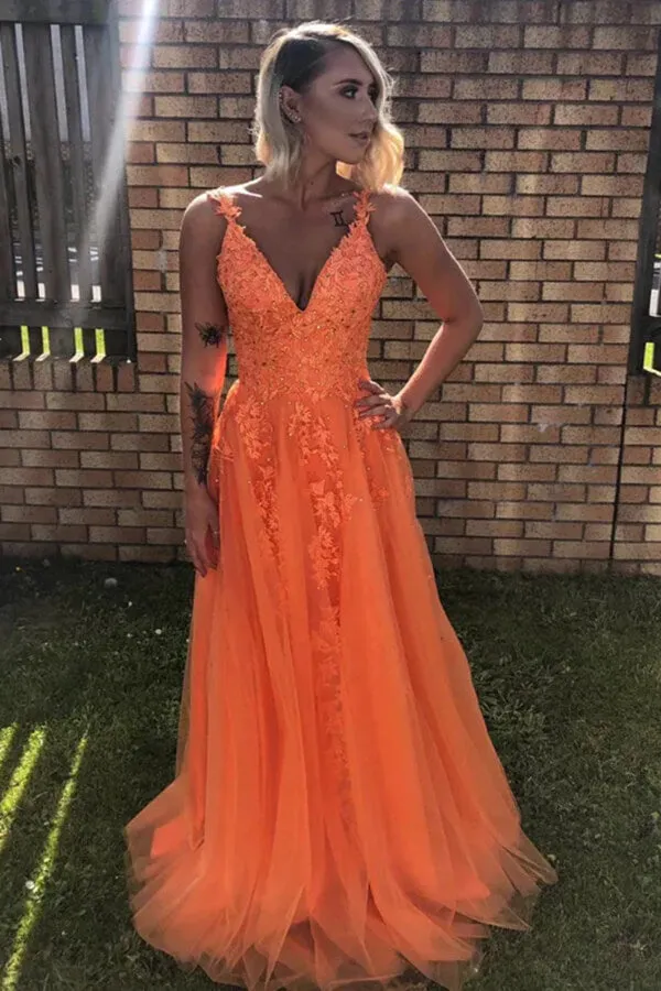Orange Tulle Backless A-line V-neck Lace Appliques Prom Dresses, MP814