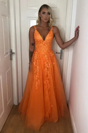 Orange Tulle Backless A-line V-neck Lace Appliques Prom Dresses, MP814