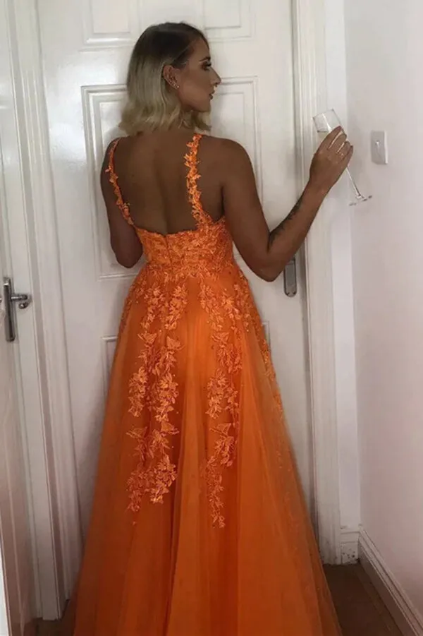 Orange Tulle Backless A-line V-neck Lace Appliques Prom Dresses, MP814