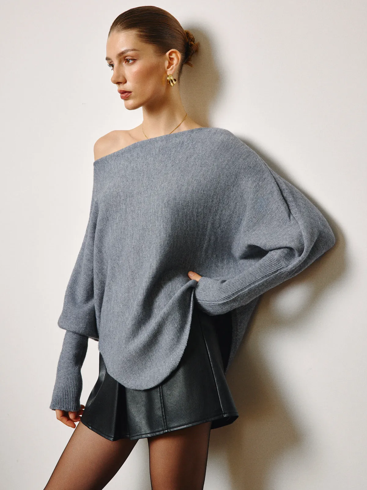 Oversized Asymmetrical Neck Leg-Of-Mutton Sleeve Sweater