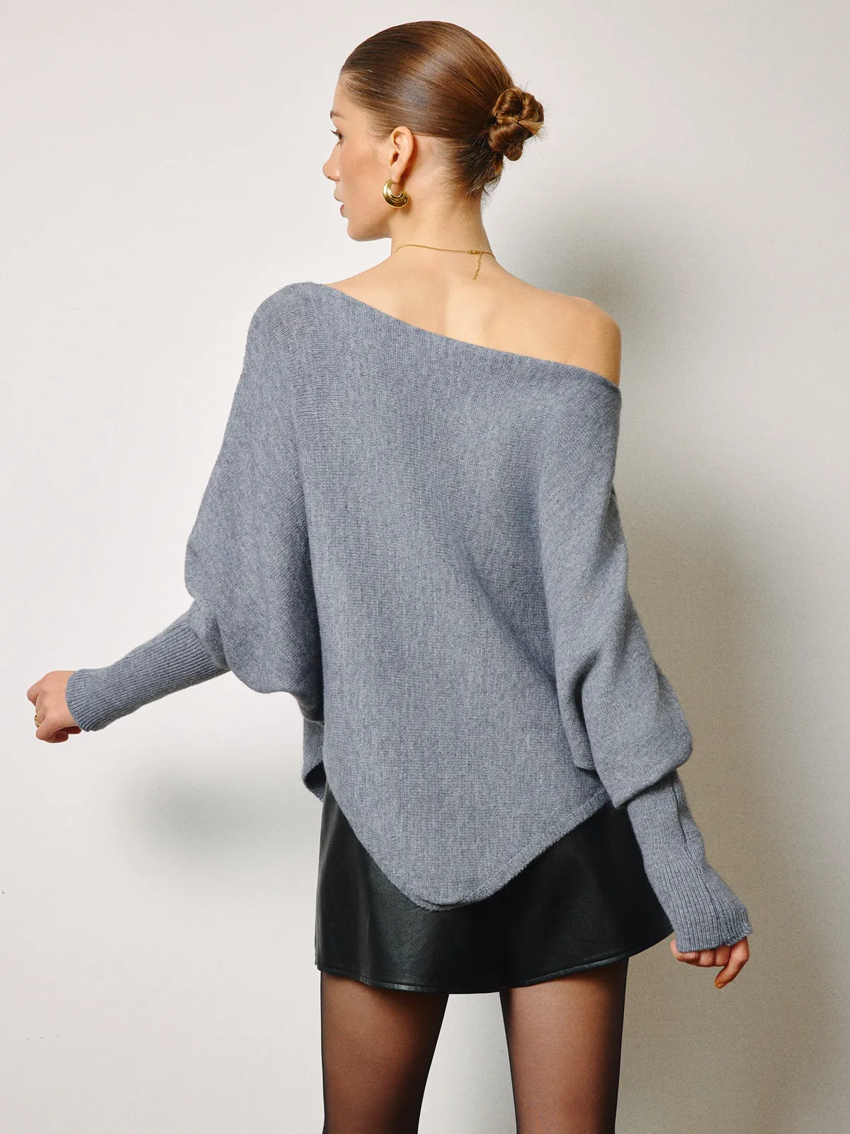 Oversized Asymmetrical Neck Leg-Of-Mutton Sleeve Sweater