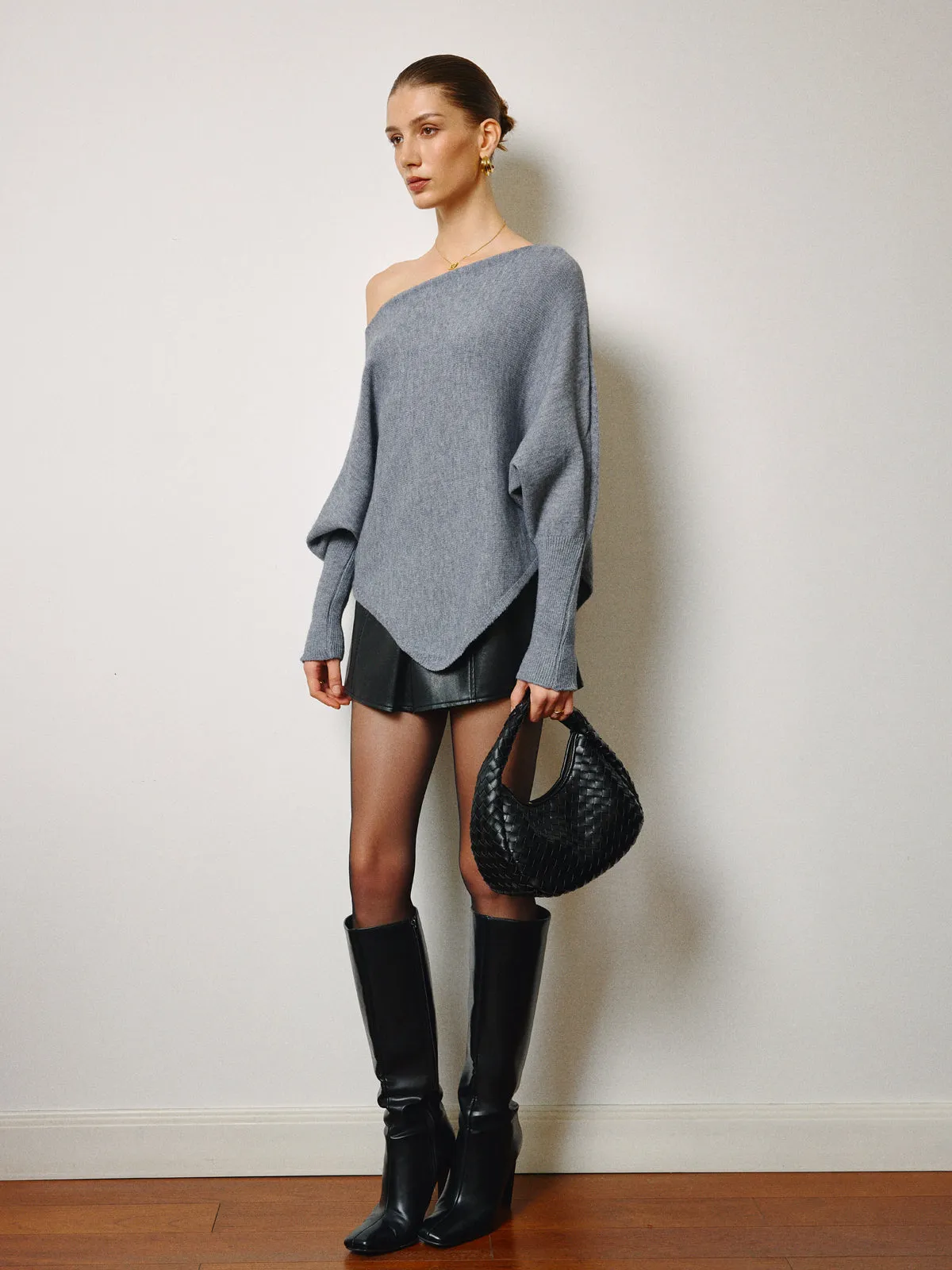 Oversized Asymmetrical Neck Leg-Of-Mutton Sleeve Sweater