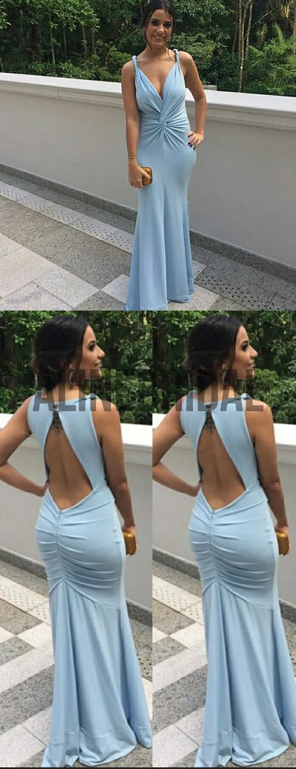Pale Blue Jersey Open Back Mermaid Bridesmaid Dresses, AB4013