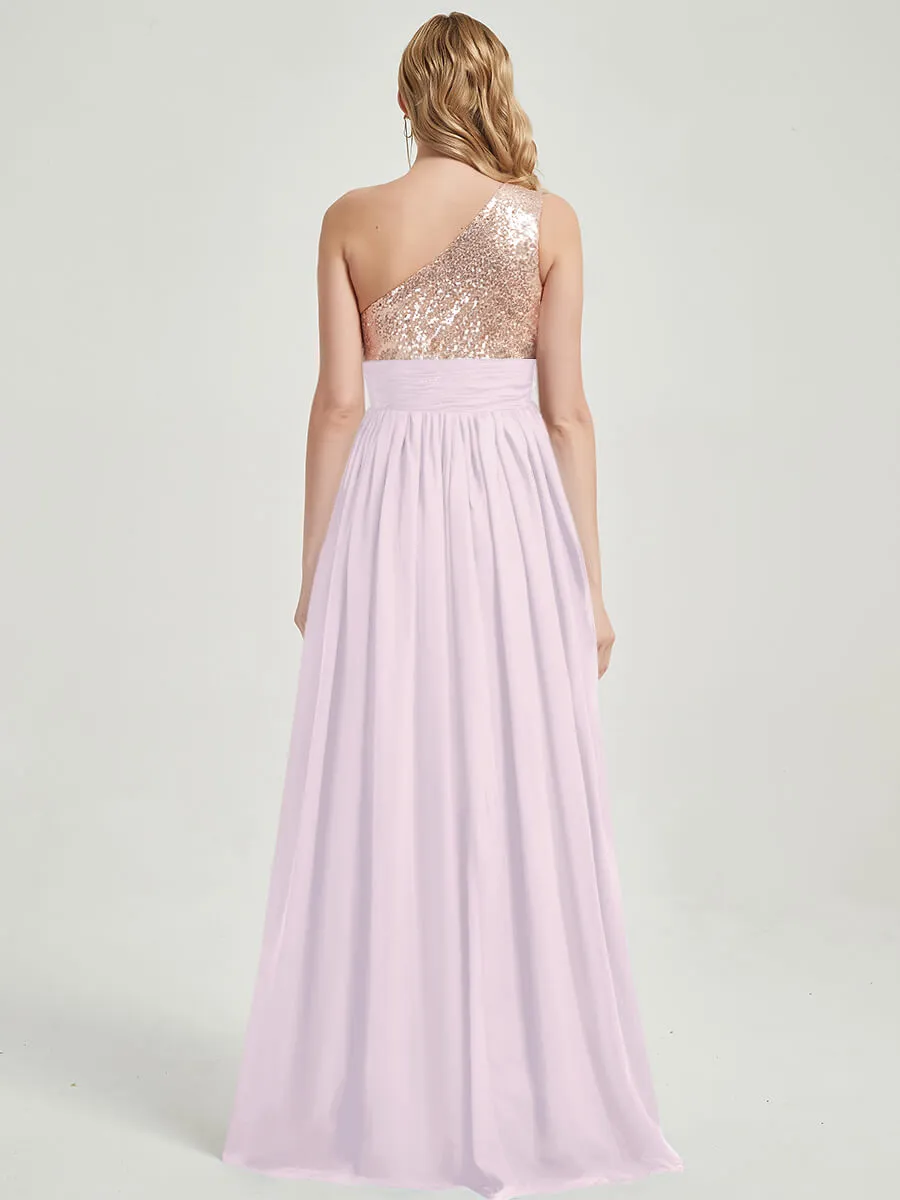Pale Rose One-Shoulder Sequin Chiffon Maxi Bridesmaid Dress for Party