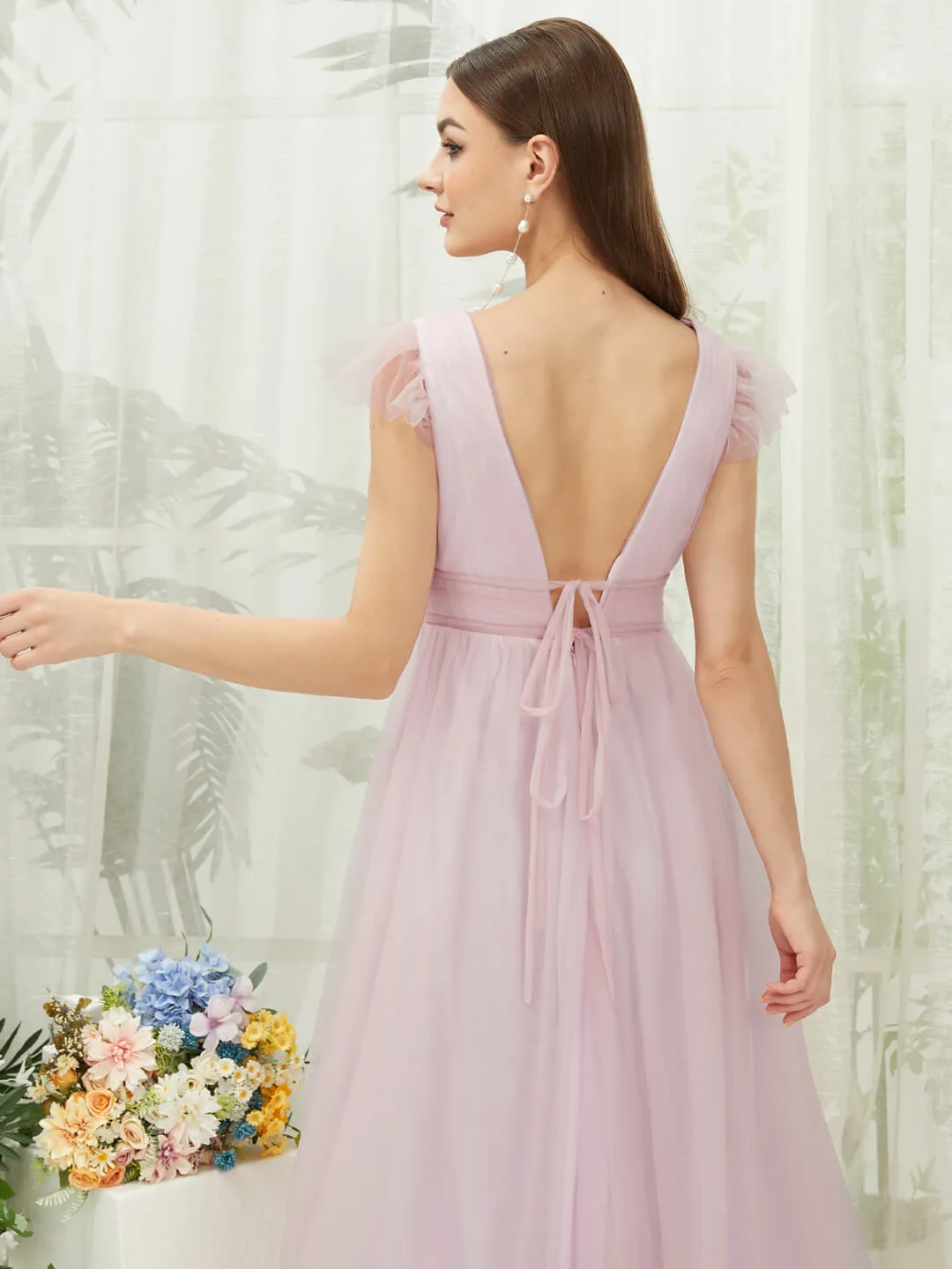 Pale Rose Tulle Cap Sleeves Floor Length Flowy Bridesmaid Dresses