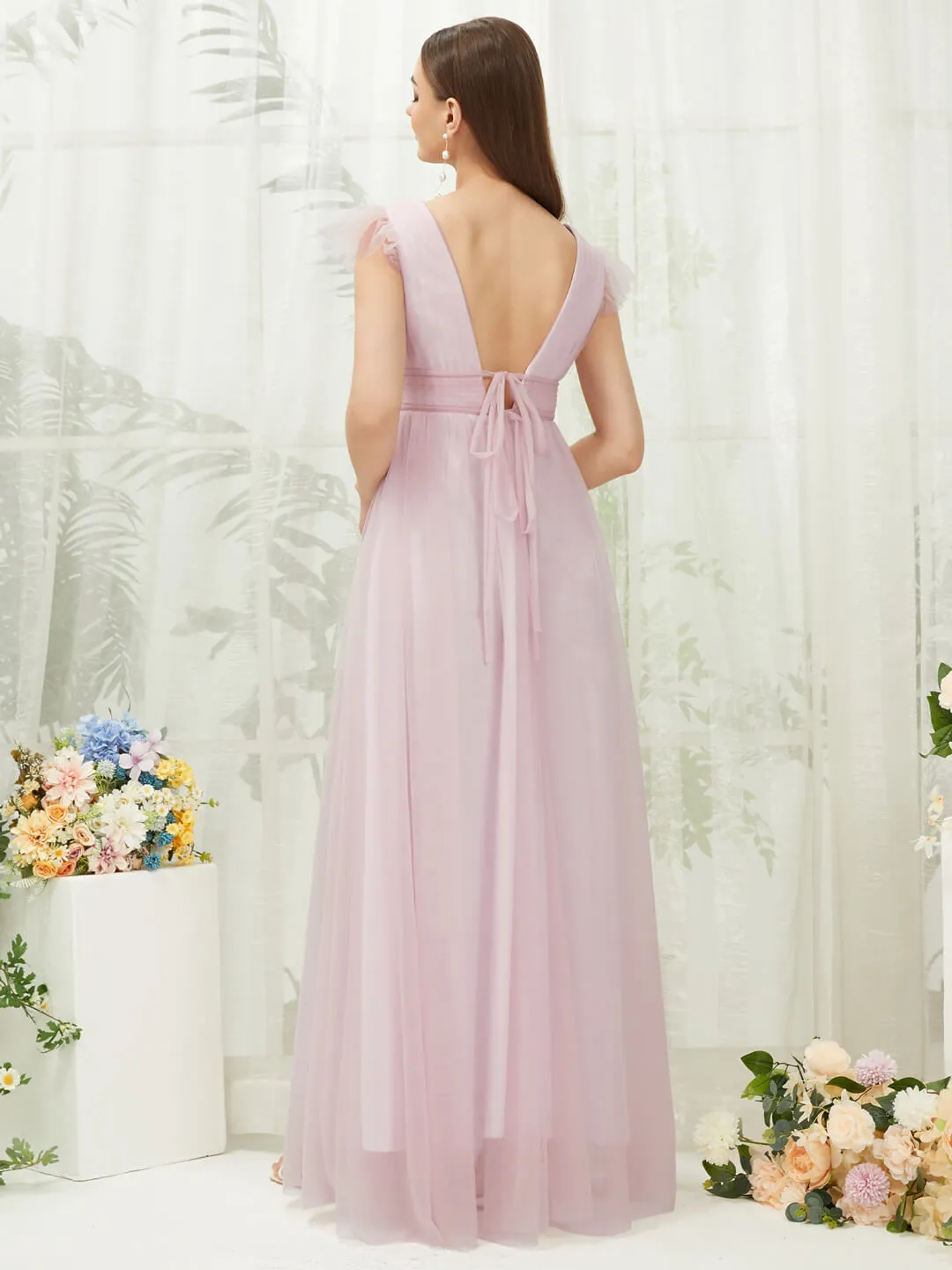 Pale Rose Tulle Cap Sleeves Floor Length Flowy Bridesmaid Dresses