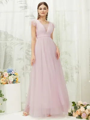 Pale Rose Tulle Cap Sleeves Floor Length Flowy Bridesmaid Dresses