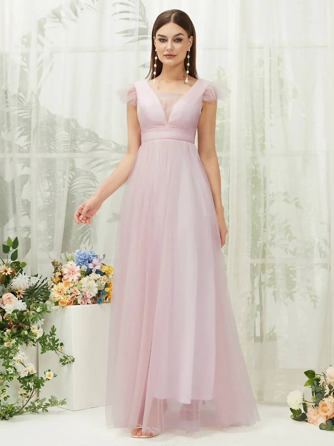 Pale Rose Tulle Cap Sleeves Floor Length Flowy Bridesmaid Dresses